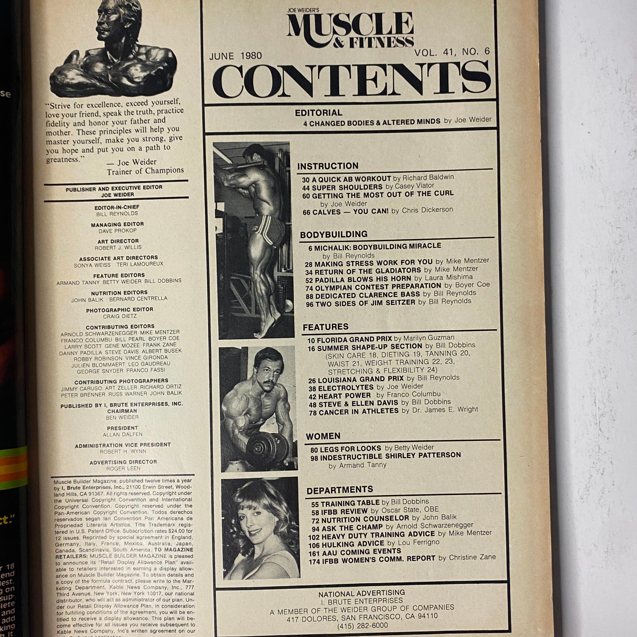 Muscle & Fitness Magazine June 1980 contents page featuring articles on training routines, bodybuilding profiles, and nutritional advice, highlighting Casey Viator's contributions.