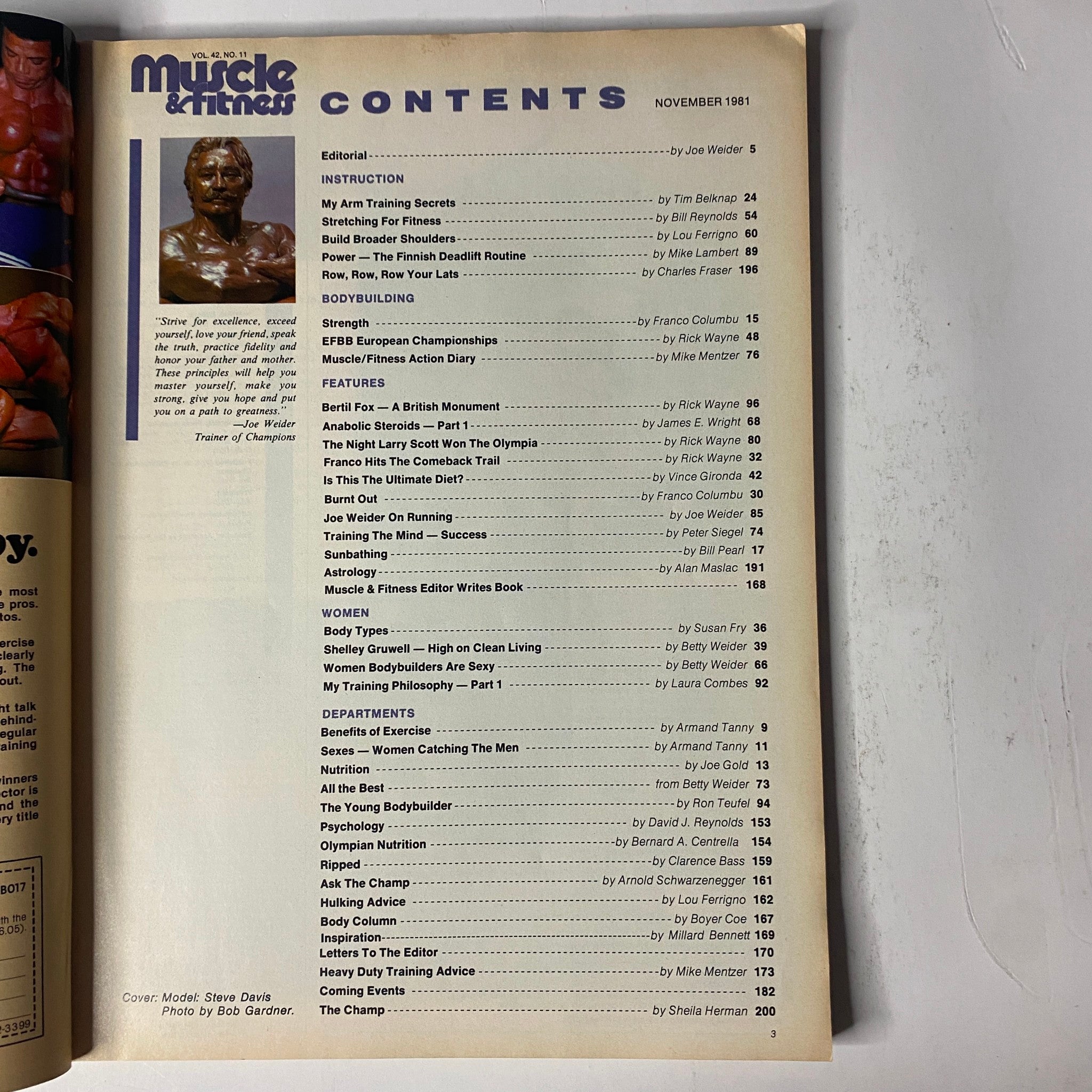 Contents page of Muscle & Fitness Magazine November 1981 Vol 42 No 11 detailing articles on training, bodybuilding, and nutrition.