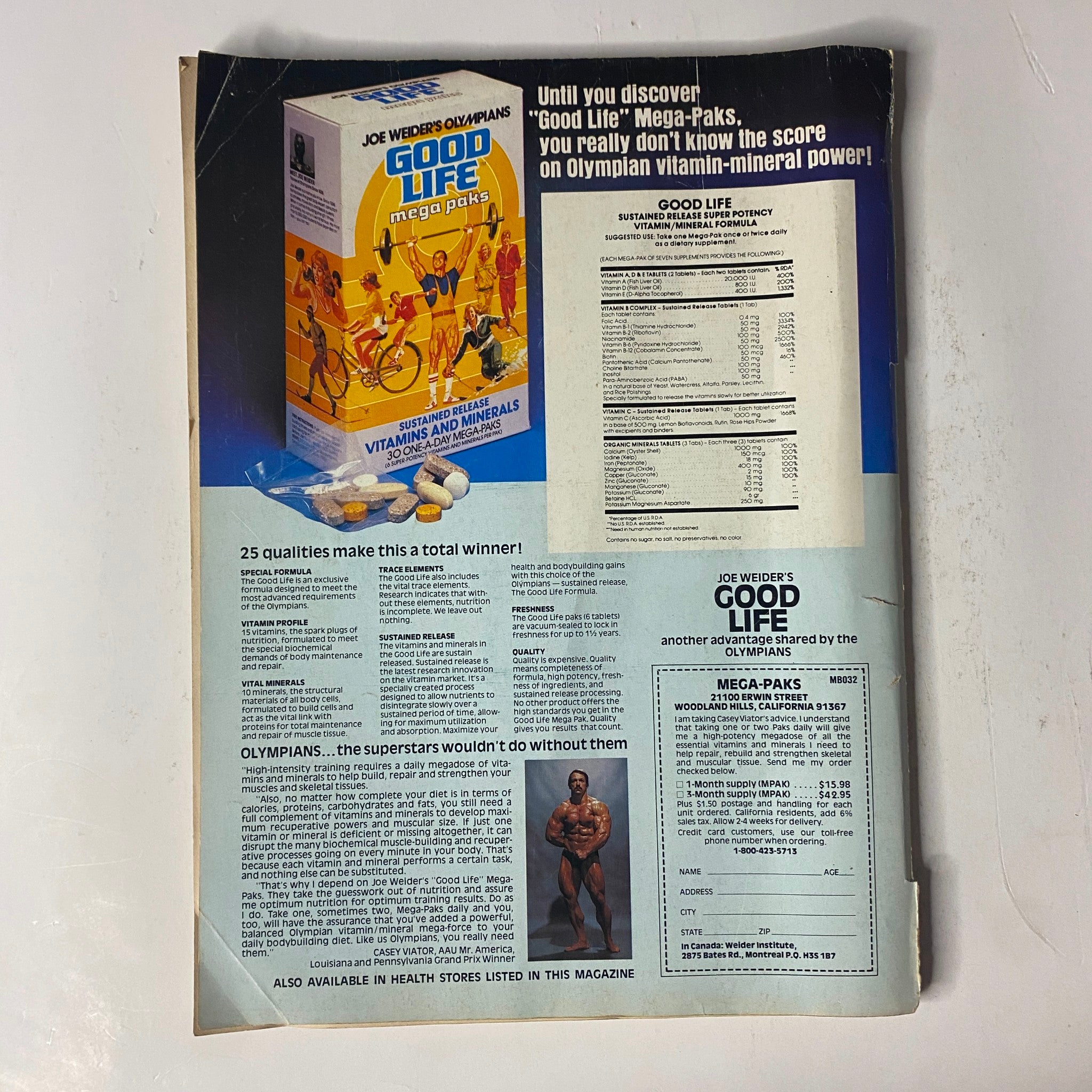 Back cover of Muscle & Fitness Magazine November 1981 Vol 42 No 11 advertising Joe Weider's Good Life Mega-Paks, emphasizing fitness and bodybuilding.