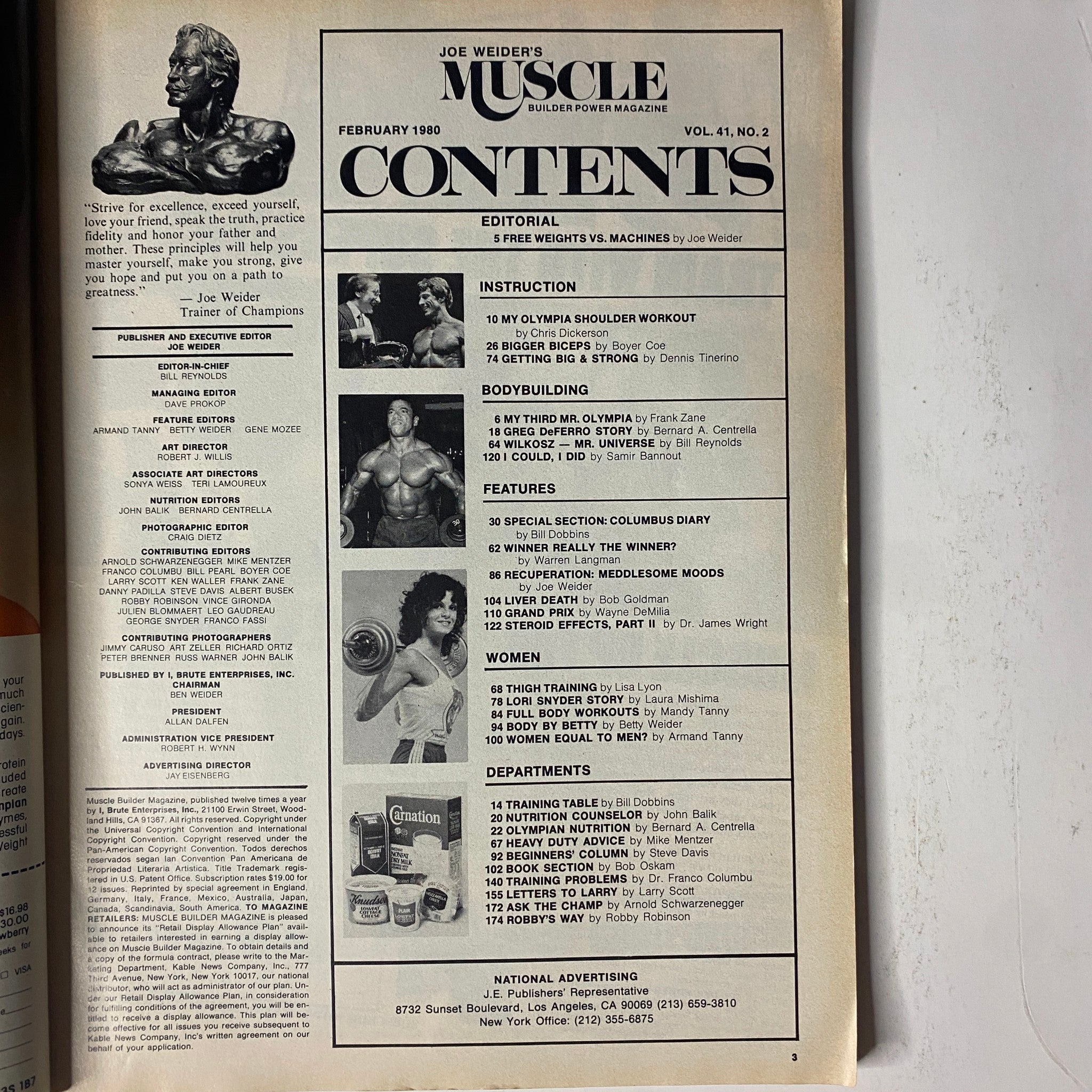 Contents page from Joe Weider's Muscle Magazine February 1980 showing editorial sections, features, and instructions related to bodybuilding and fitness.