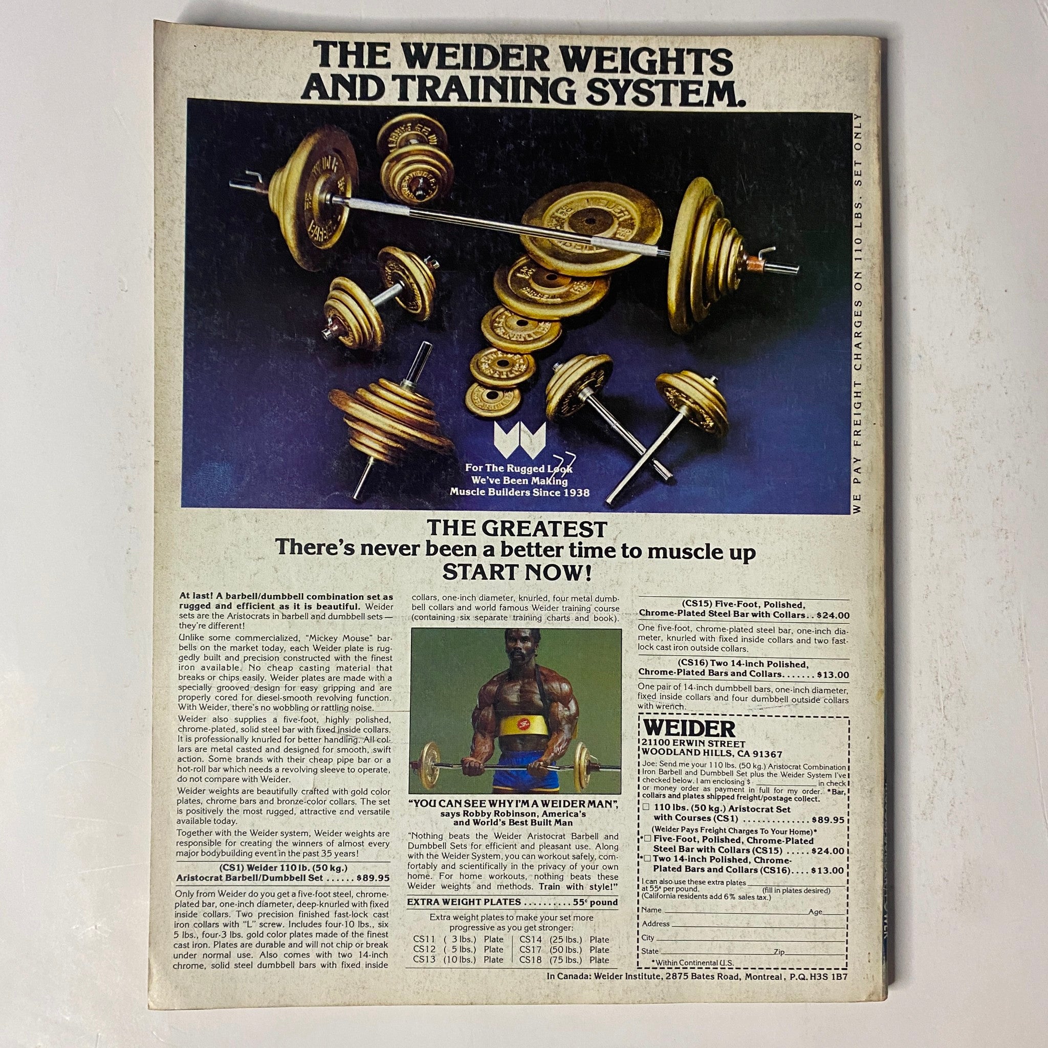 Advertisement for the Weider Weights and Training System in Joe Weider's Muscle Magazine February 1980, promoting weightlifting and muscle building.