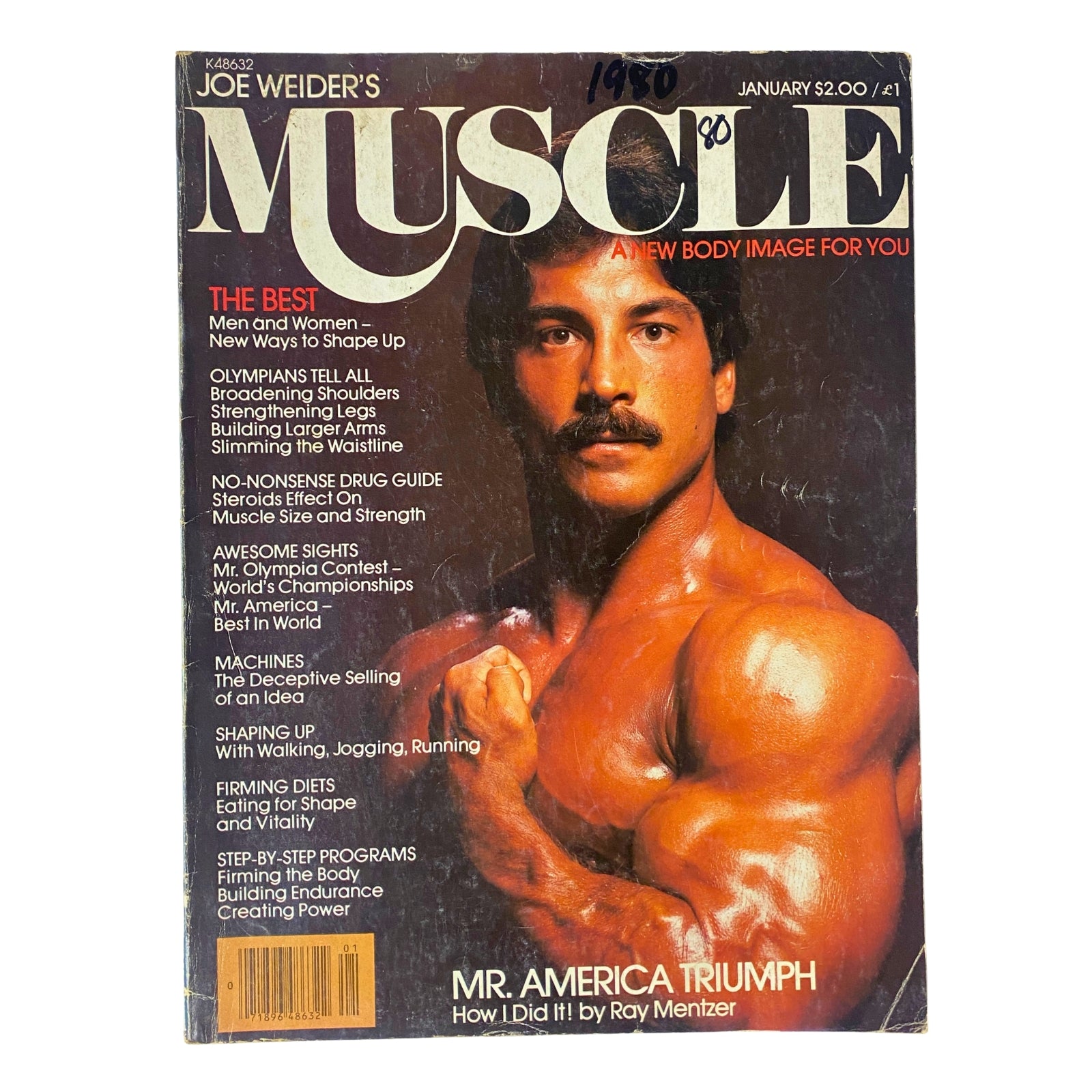 Cover of Joe Weider's Muscle Magazine January 1980 featuring Ray Mentzer, showcasing bodybuilding tips, nutritional advice, and a focus on body image.