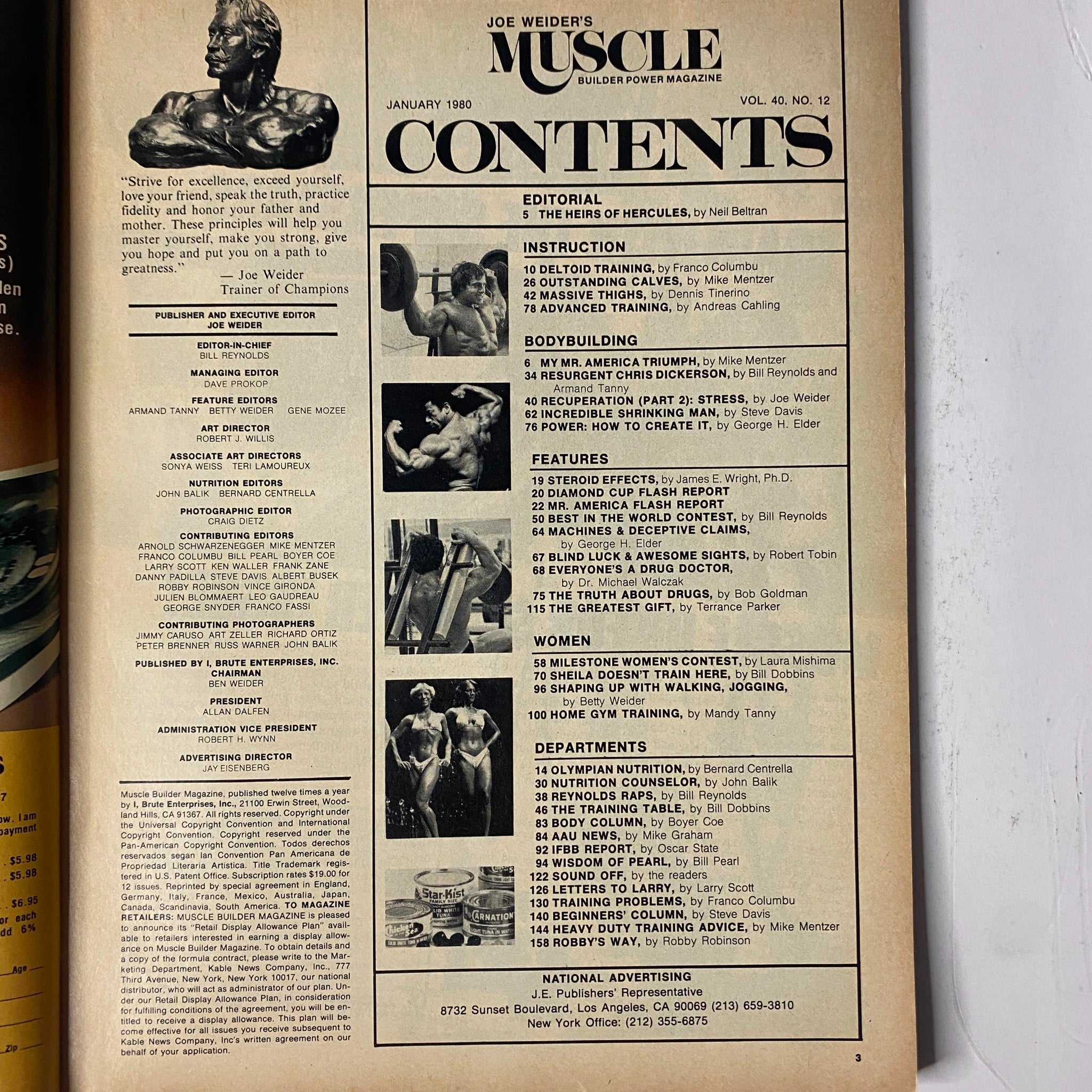 Contents page of Joe Weider's Muscle Magazine January 1980, detailing articles on bodybuilding, training, and nutrition by notable contributors.