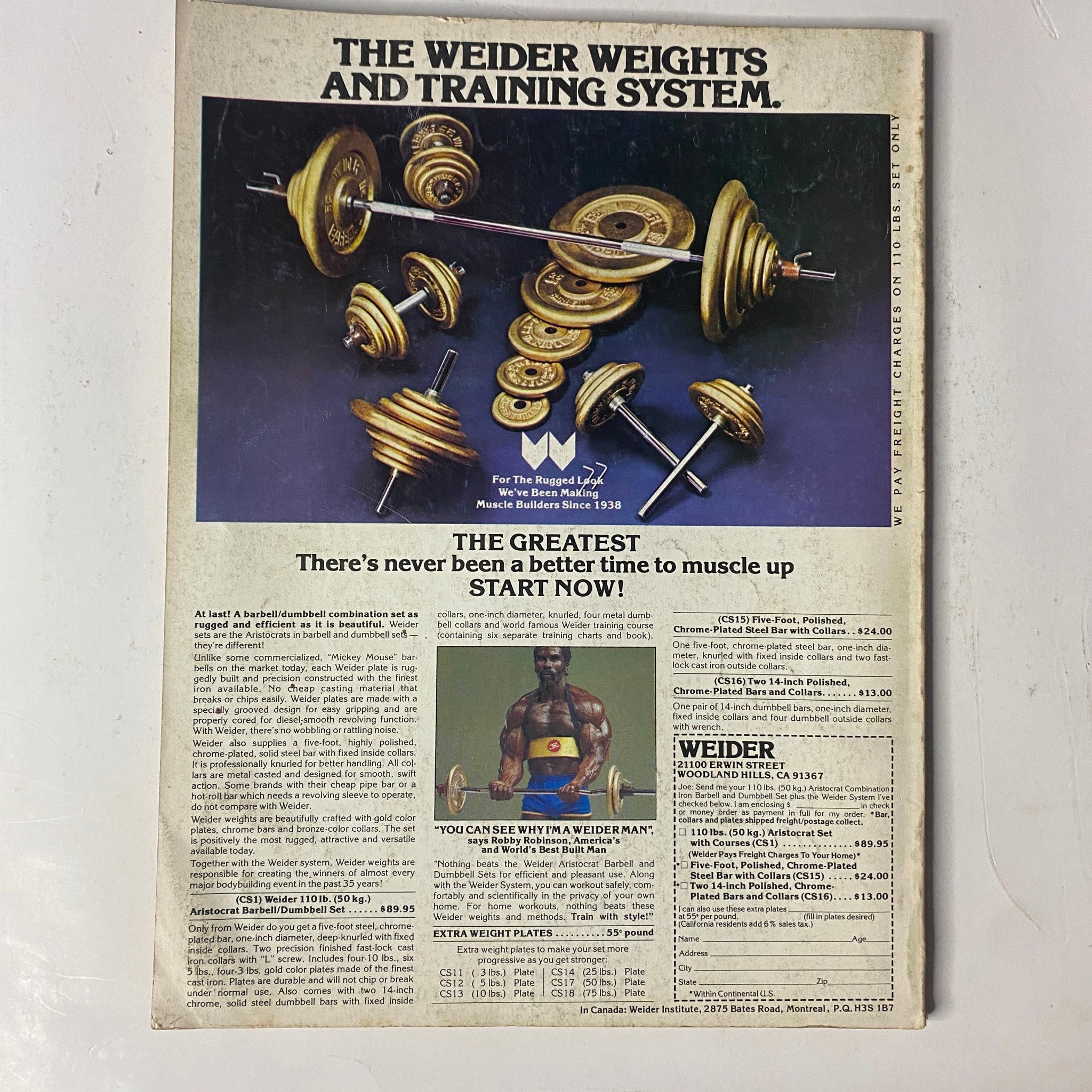 Back cover of Joe Weider's Muscle Magazine January 1980 showcasing the Weider weights and training system, featuring a barbell and weight plates along with a promotional call to action for the greatest muscle development. Ideal for collectors and bodybuilding enthusiasts.