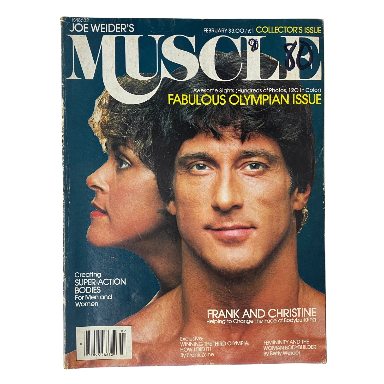 Cover of Joe Weider's Muscle Magazine February 1980 featuring Frank Zane and Christine, highlighting the theme 'Fabulous Olympian Issue' with a bold design and classic font.