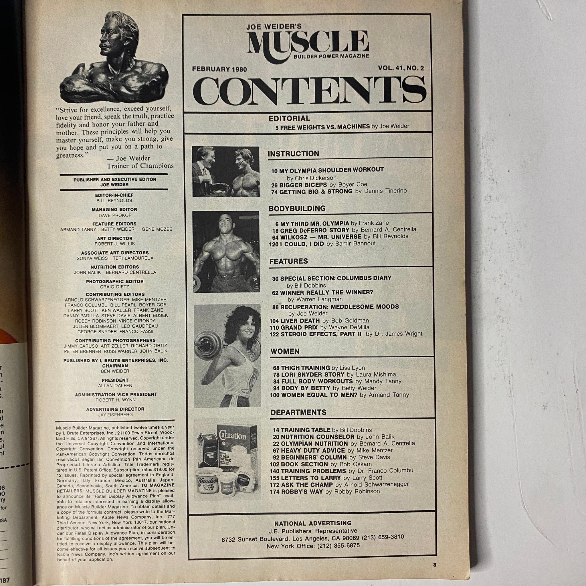 Contents page of Joe Weider's Muscle Magazine February 1980, showcasing sections including Editorial, Instruction, Bodybuilding Features, and Women in Bodybuilding, detailing various contributions and articles.