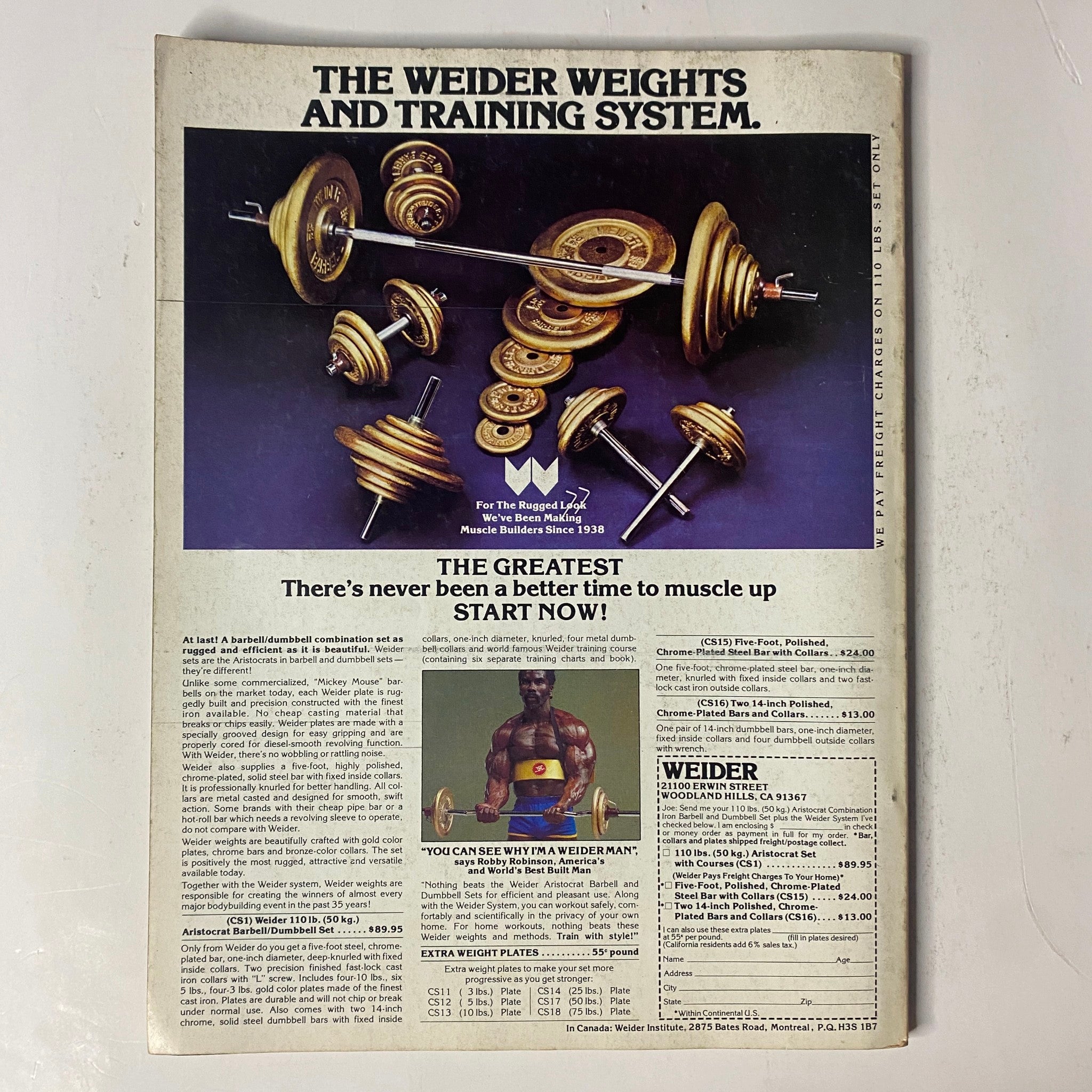 Advertisement for The Weider Weights and Training System from Joe Weider's Muscle Magazine February 1980, promoting fitness equipment with a slogan stating it's the greatest time to start muscle building.