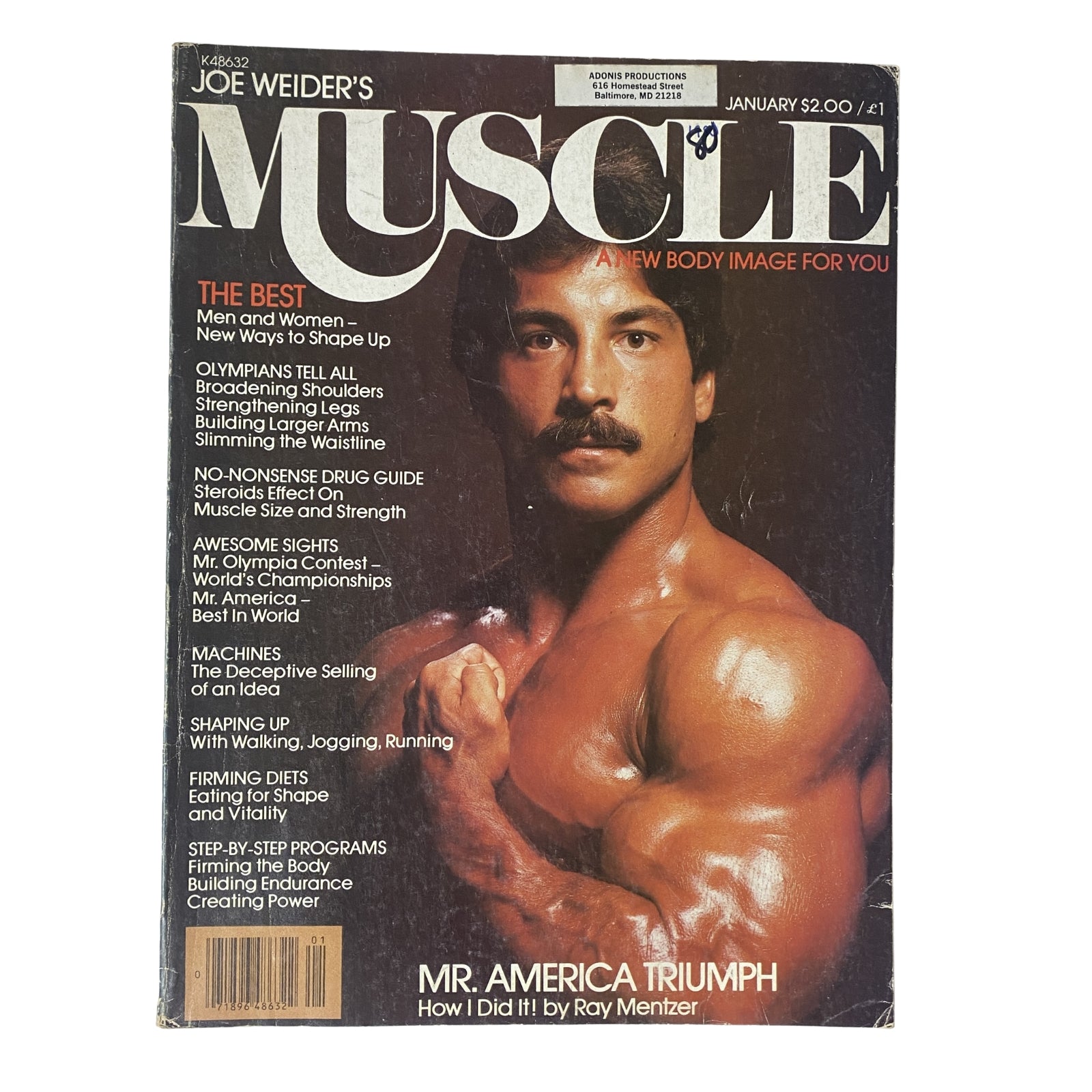 Cover of Joe Weider's Muscle Magazine January 1980 featuring Ray Mentzer, Mr. America, with the headline 'Mr. America Triumph' and articles on bodybuilding and fitness.