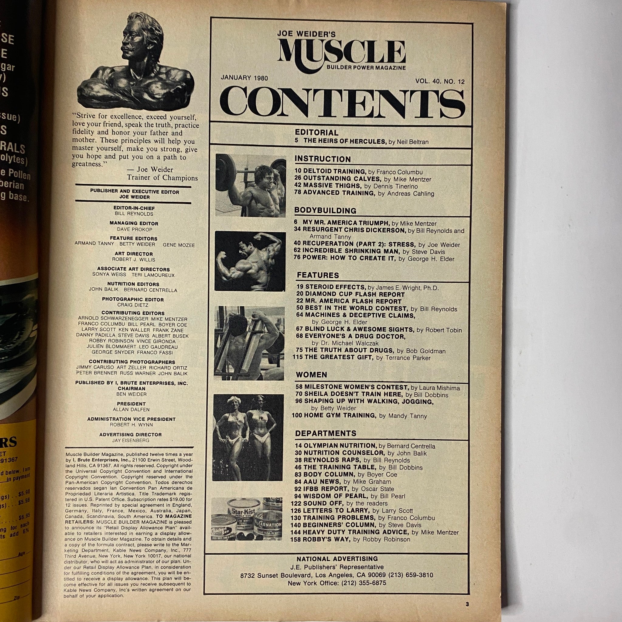 Contents page of Joe Weider's Muscle Magazine January 1980 featuring articles on bodybuilding and training by renowned athletes like Ray Mentzer and Franco Columbu.