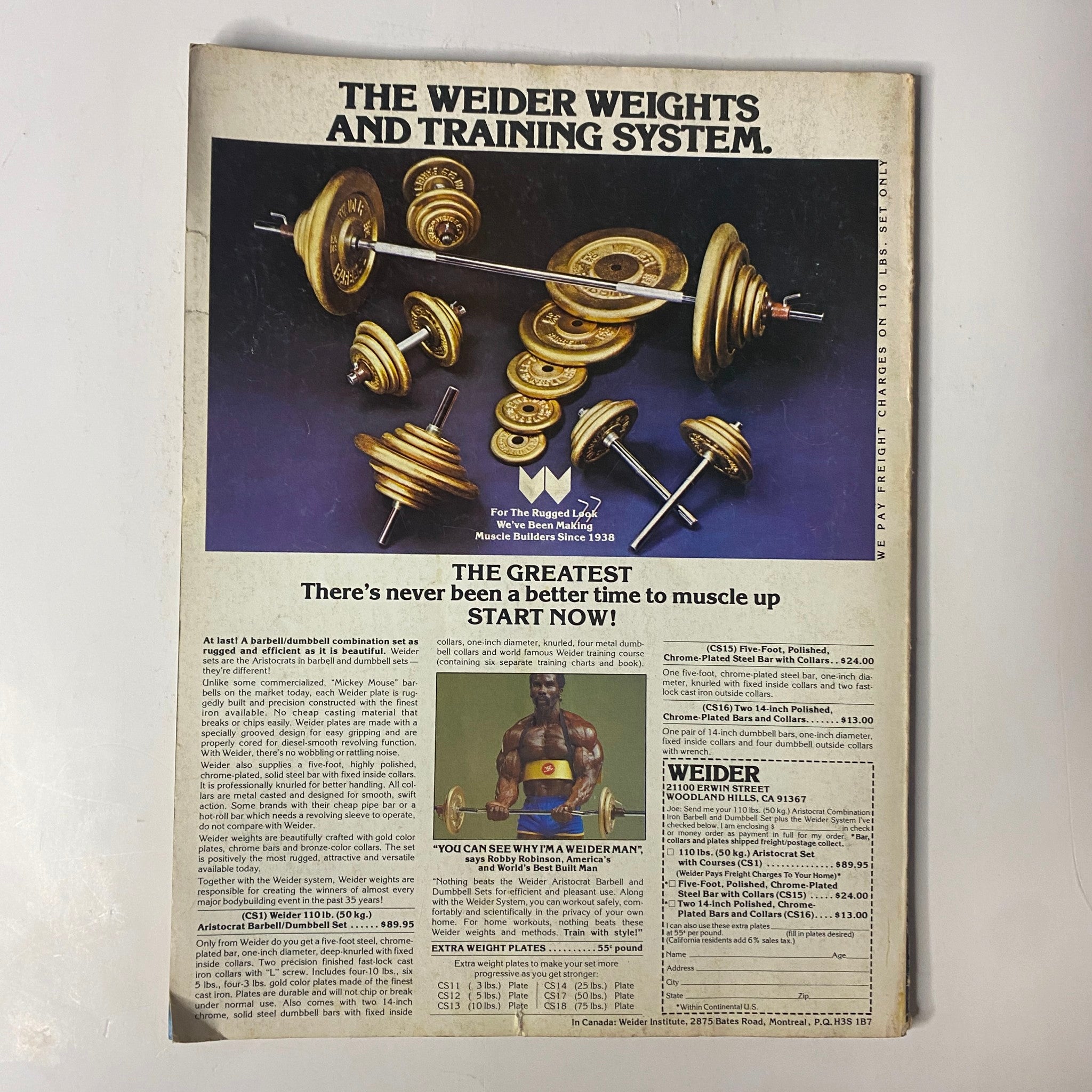 Advertisement for the Weider Weights and Training System in Joe Weider's Muscle Magazine January 1980, showcasing workout equipment and training options.