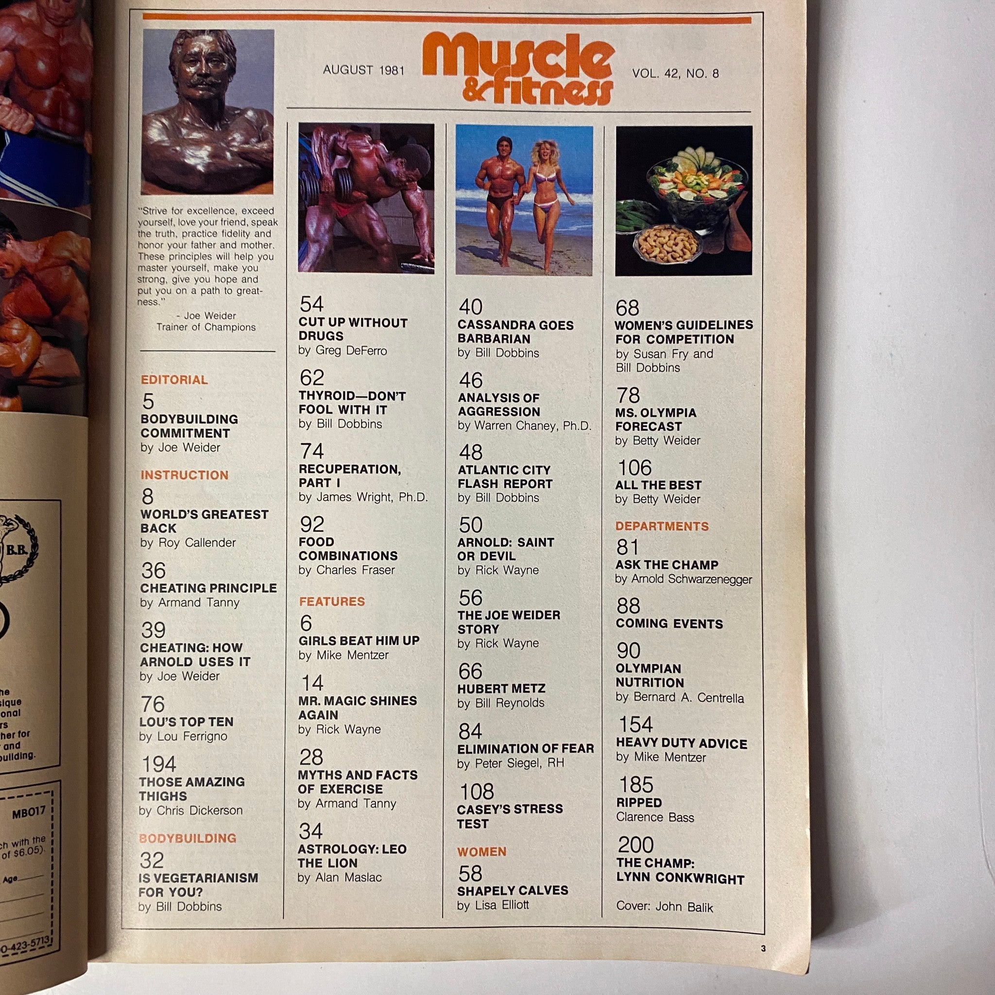 Interior page of Muscle & Fitness Magazine, August 1981 highlighting editorial content, bodybuilding techniques, and nutritional advice from respected figures.