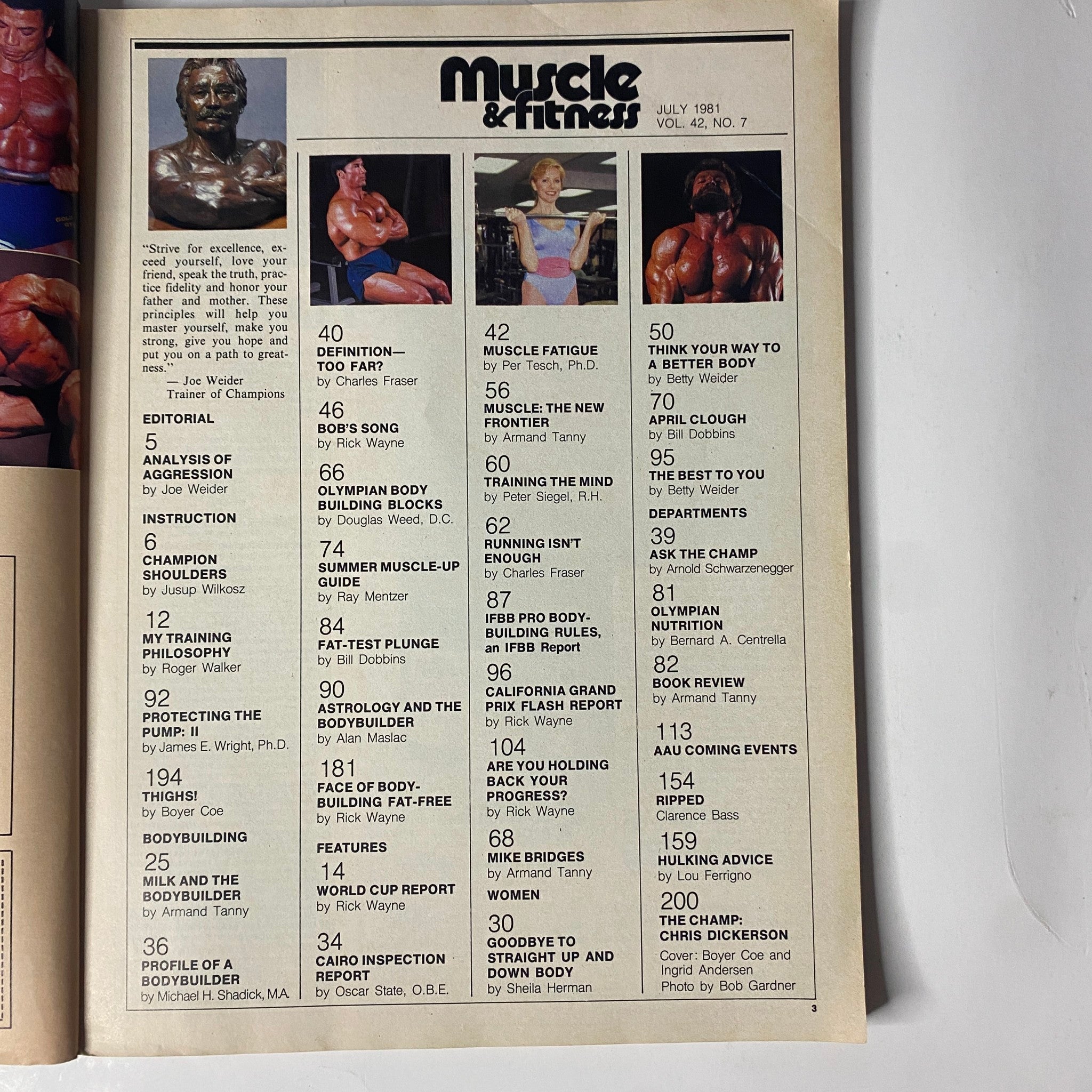 Inside page of Muscle & Fitness Magazine July 1981 displaying the contents, highlighting various bodybuilding articles and expert insights.
