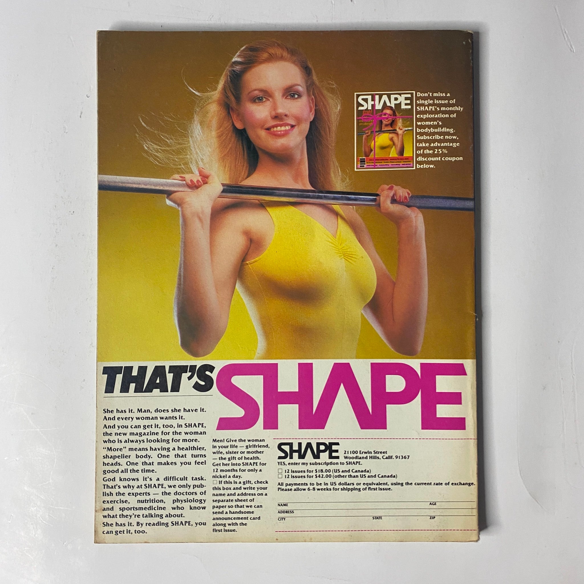 Back cover of Muscle & Fitness Magazine July 1981 promoting the Shape magazine, featuring an image of a woman holding a barbell.