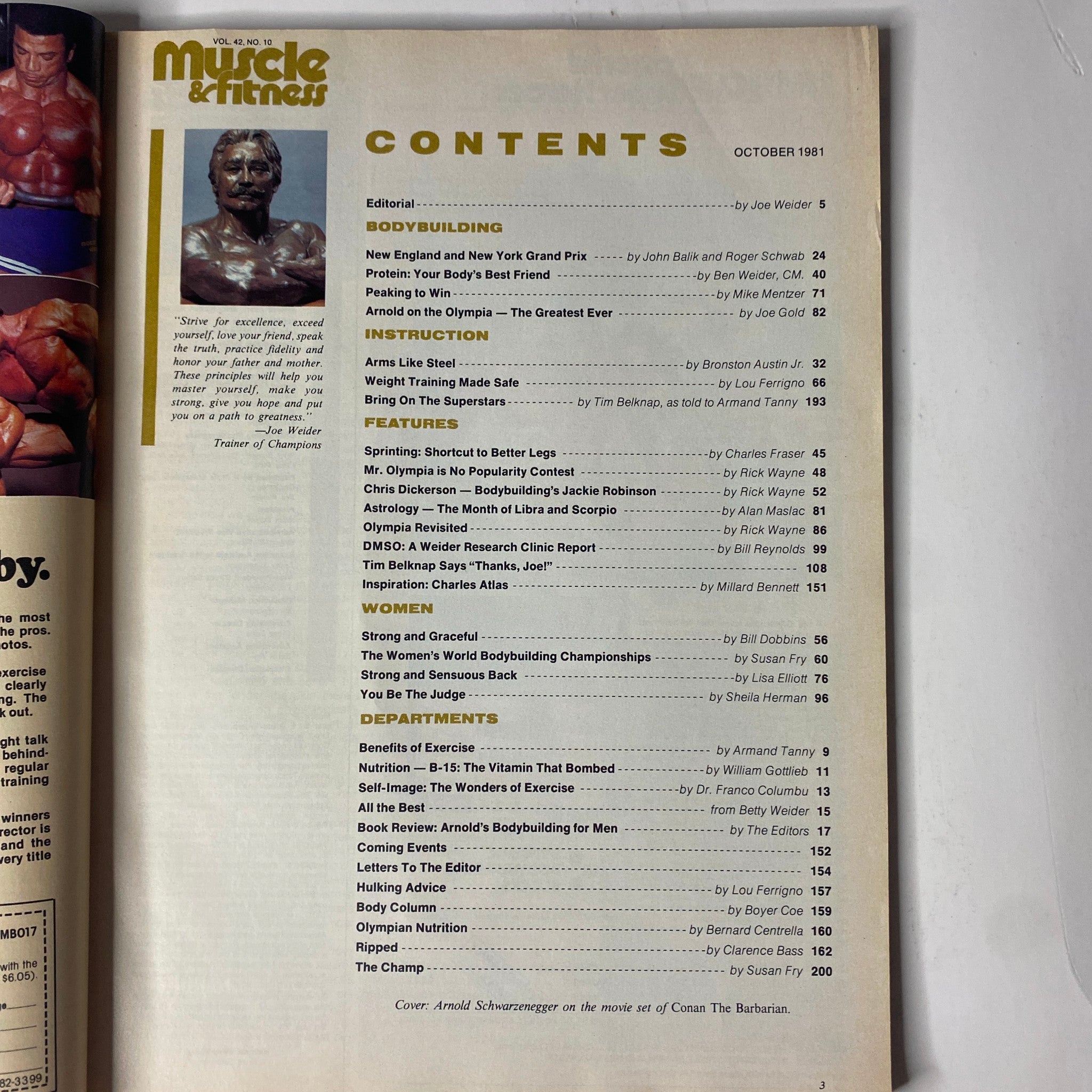 Contents page of Muscle & Fitness Magazine October 1981, showcasing features on bodybuilding, nutrition, and advice from industry leaders.