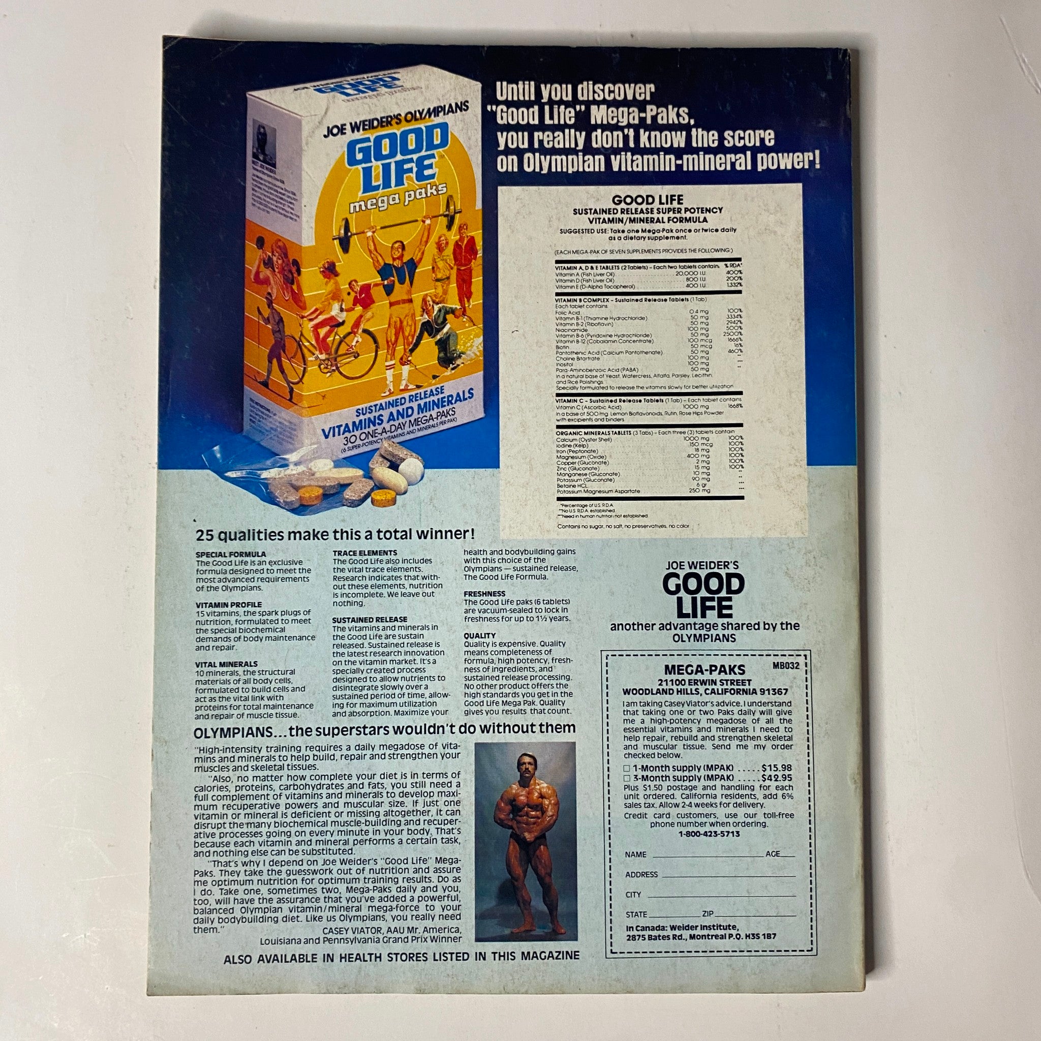 Back cover of Muscle & Fitness Magazine October 1981 featuring an advertisement for Joe Weider's Good Life Mega-Paks, highlighting vitamins and minerals essential for athletes.