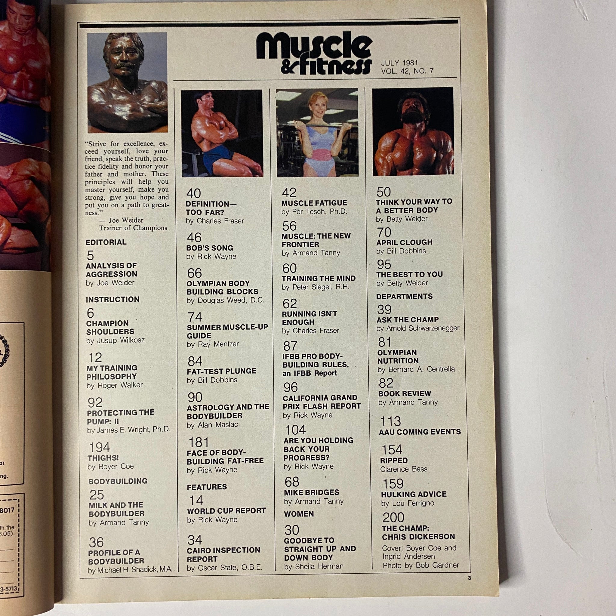 Table of contents from Muscle & Fitness Magazine July 1981, listing key articles and features including bodybuilding tips and expert insights.
