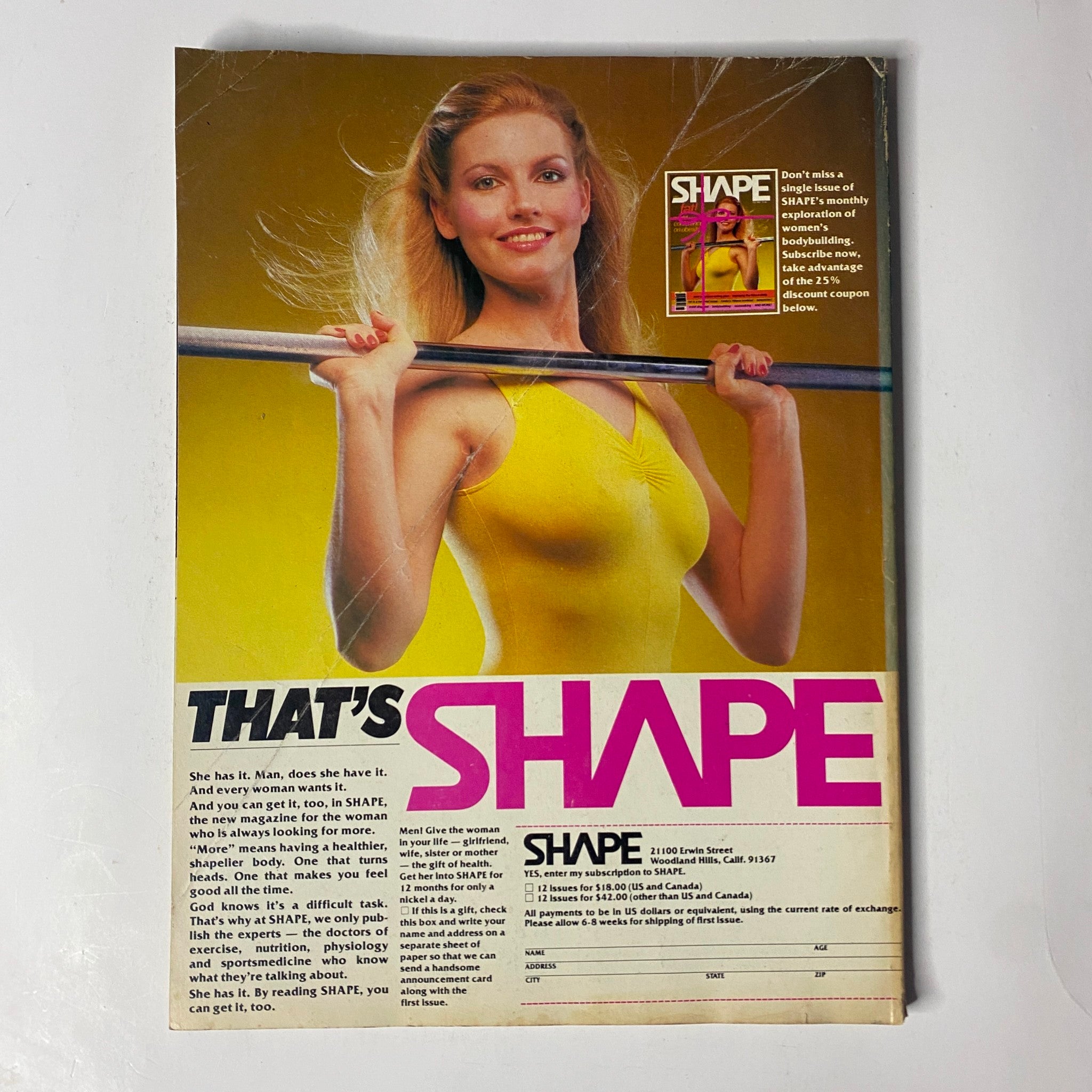 Back cover of Muscle & Fitness Magazine July 1981, featuring a fitness promotion with a model demonstrating strength training.