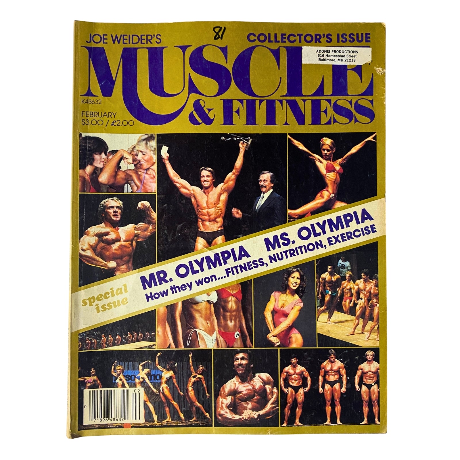 Muscle & Fitness Magazine February 1981 featuring Arnold Schwarzenegger on the cover. This collector's issue includes highlights of Mr. Olympia and bodybuilding competitions, showcasing iconic fitness history.