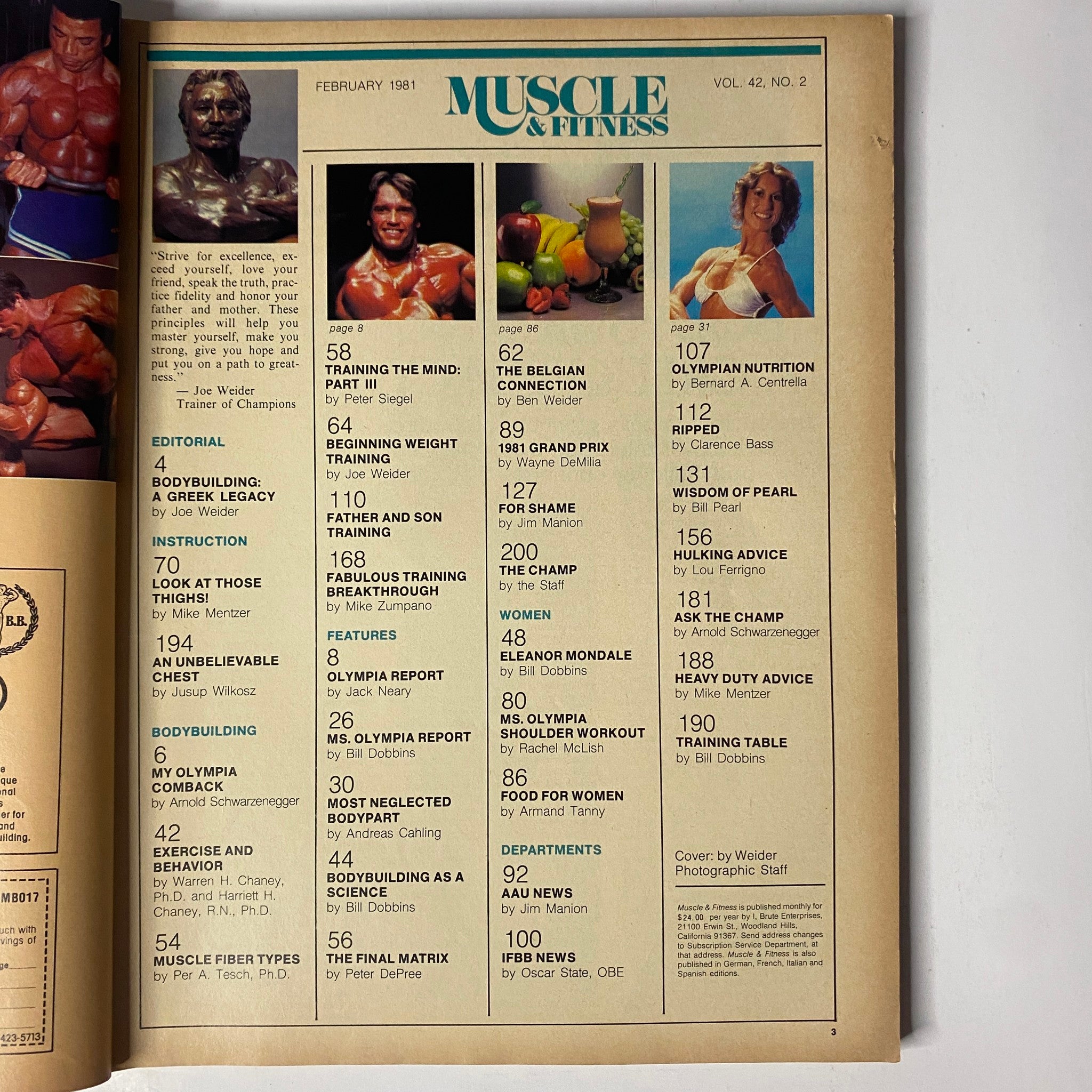 Interior page from Muscle & Fitness Magazine, February 1981, featuring a contents list including articles on bodybuilding, nutrition, and fitness, with Arnold Schwarzenegger highlighted.