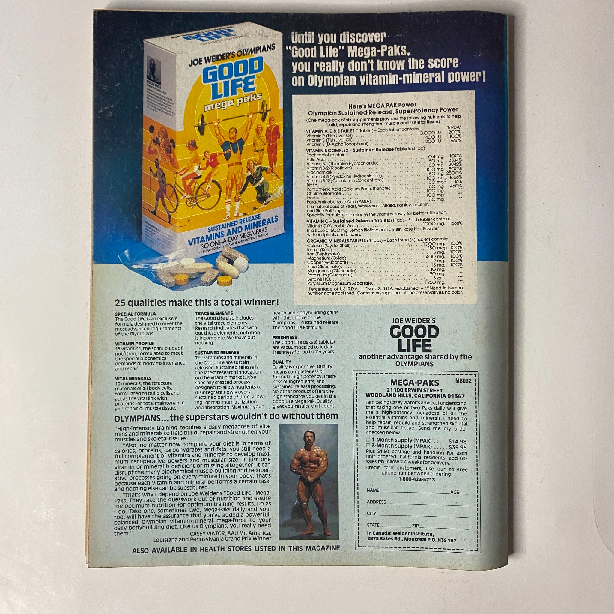 Back cover of Muscle & Fitness Magazine, February 1981, showcasing Joe Weider's Good Life Mega-Paks advertisement, emphasizing vitamins and minerals for bodybuilding.