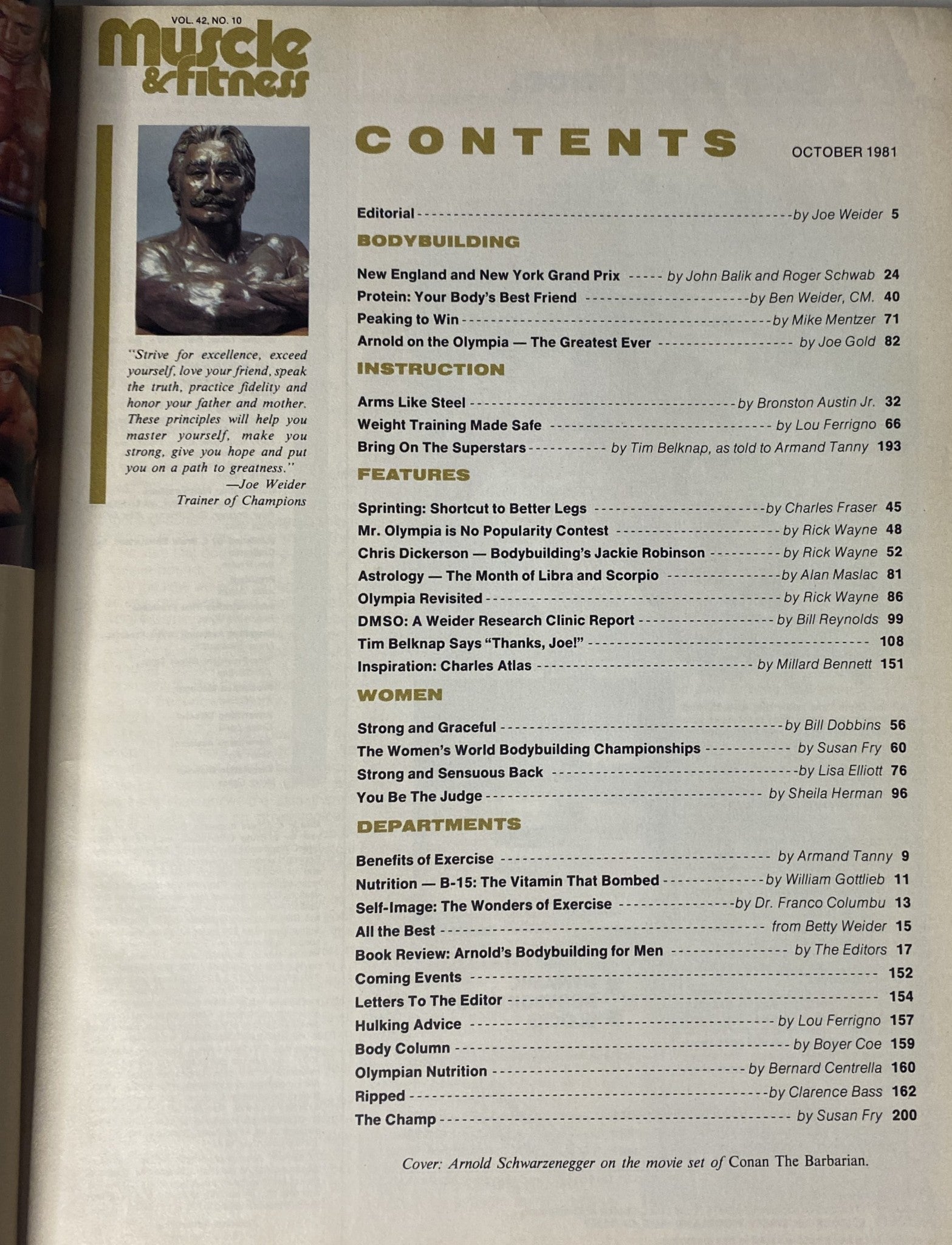 Contents page of Muscle & Fitness Magazine October 1981, highlighting various articles including editorial and bodybuilding competitions, with a feature on Arnold Schwarzenegger.