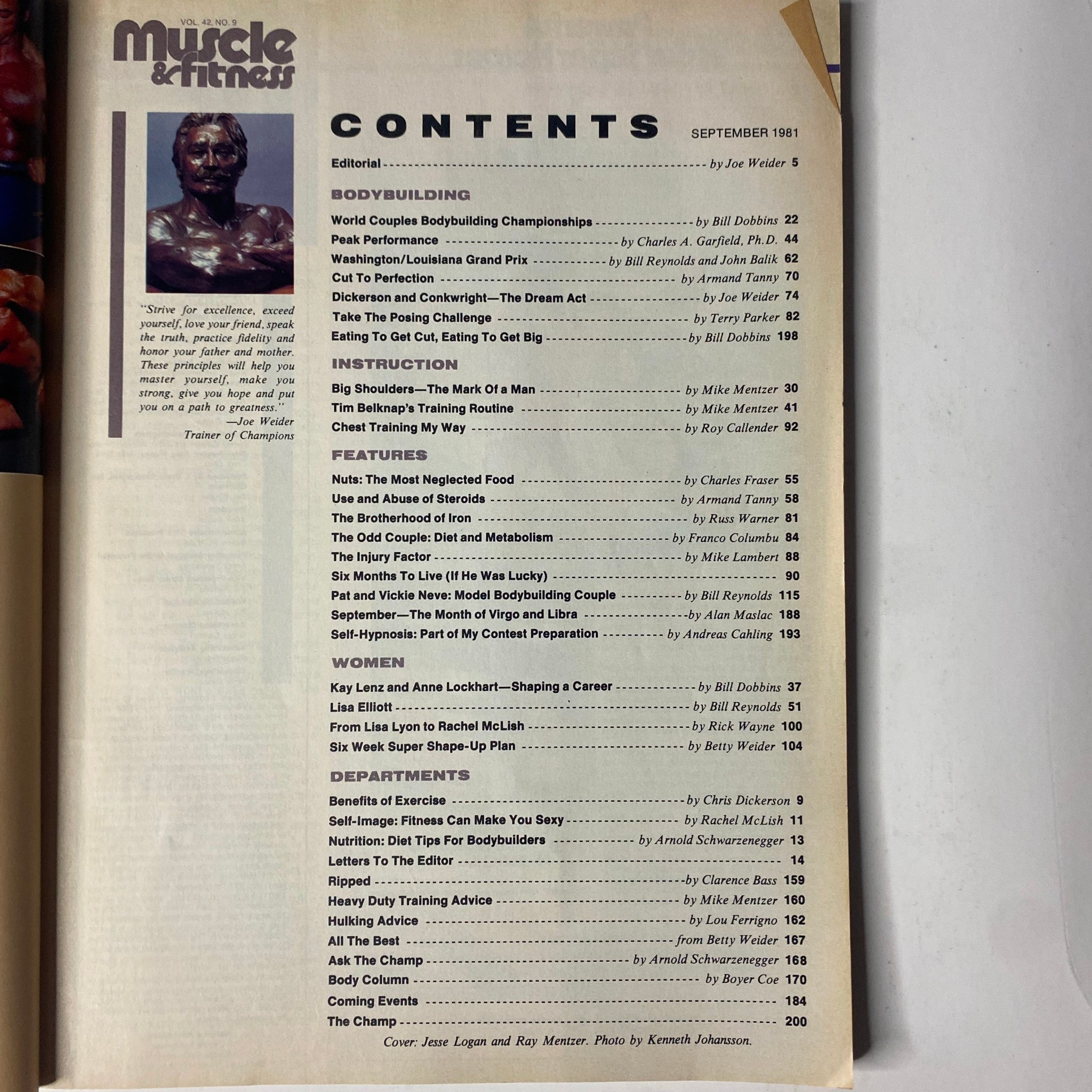 Contents page of Muscle & Fitness Magazine September 1981, detailing articles on bodybuilding, training, and nutrition strategies.