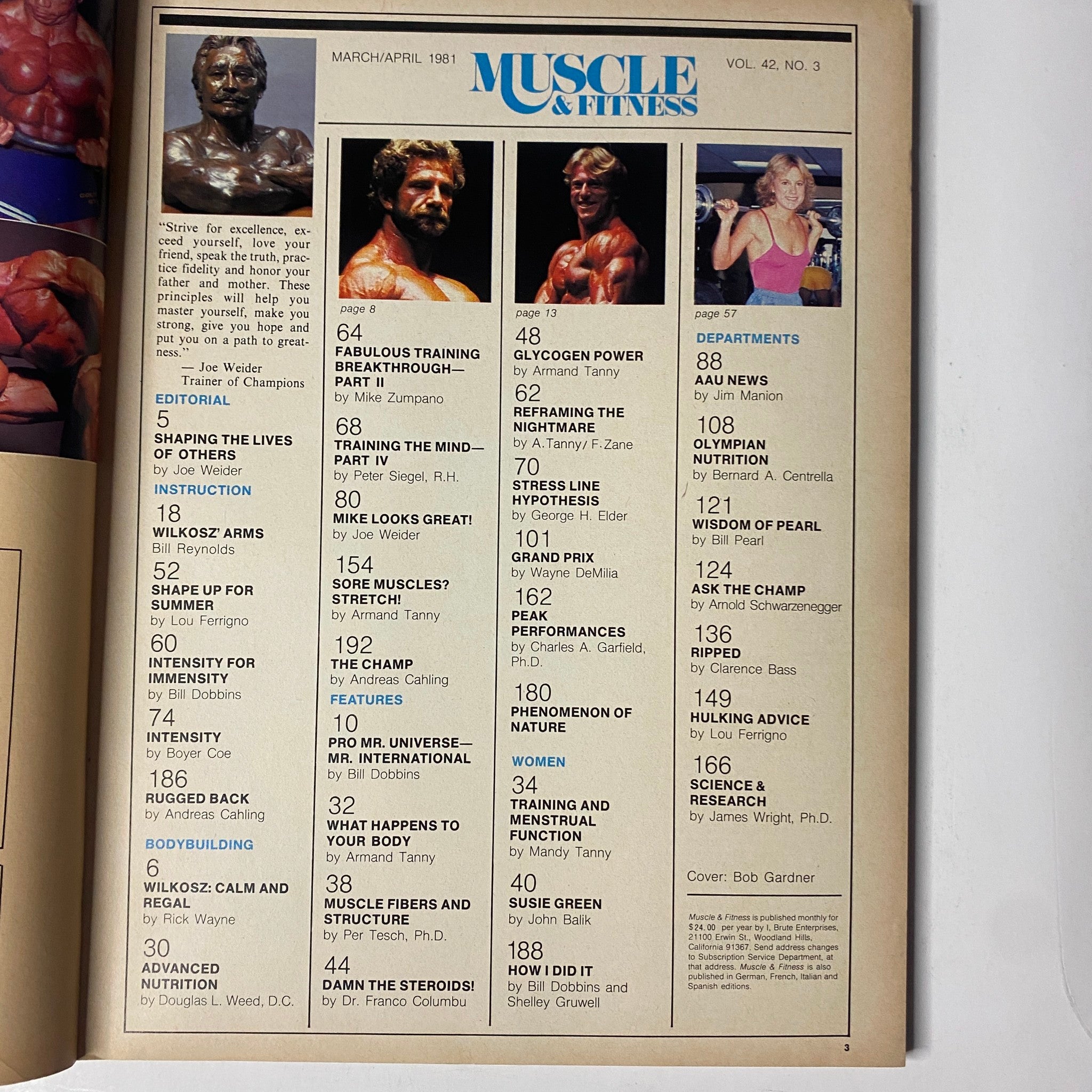 Table of contents from Muscle & Fitness Magazine March 1981 Vol 42 No. 3, listing articles and features including editorial pieces and training tips.
