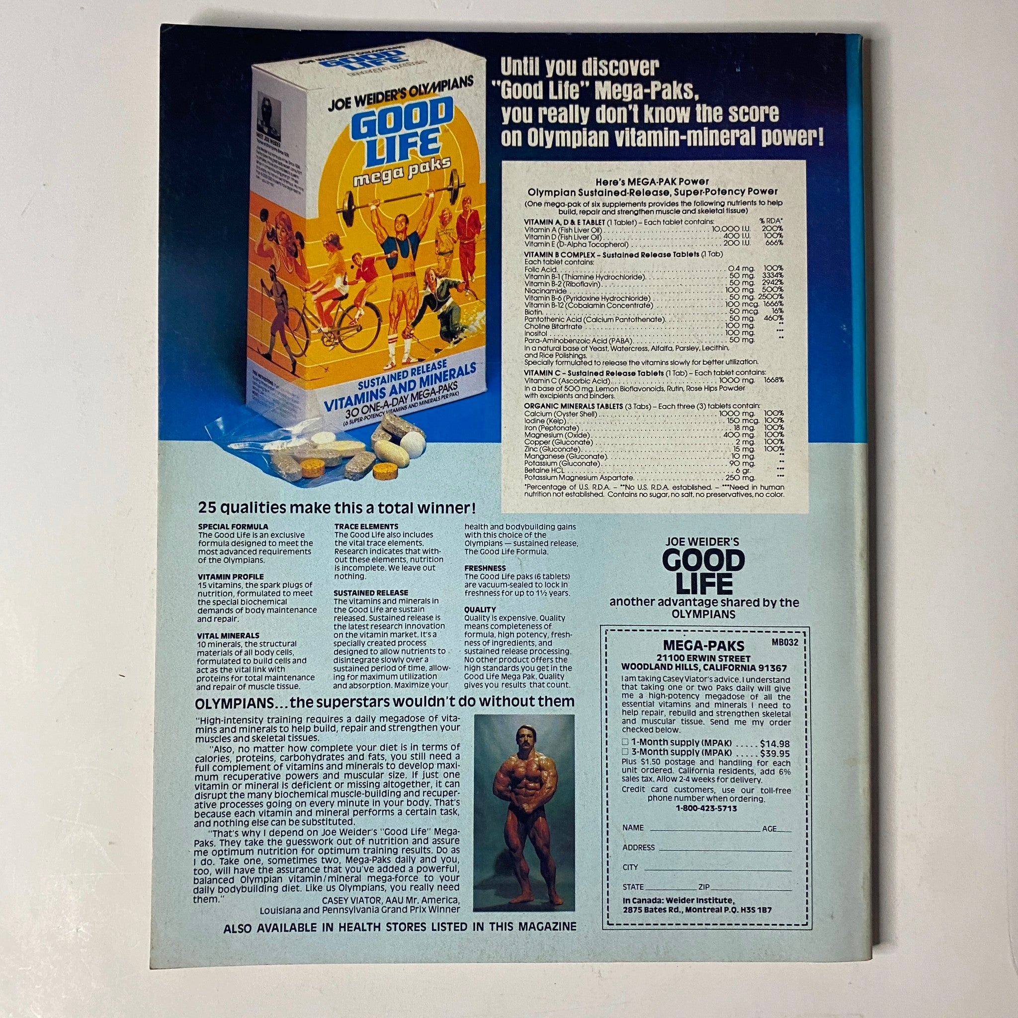 Back cover of Muscle & Fitness Magazine March 1981 Vol 42 No. 3 featuring a promotional ad for Joe Weider's Good Life Mega-Paks, highlighting essential vitamins and minerals with an image of a bodybuilder.