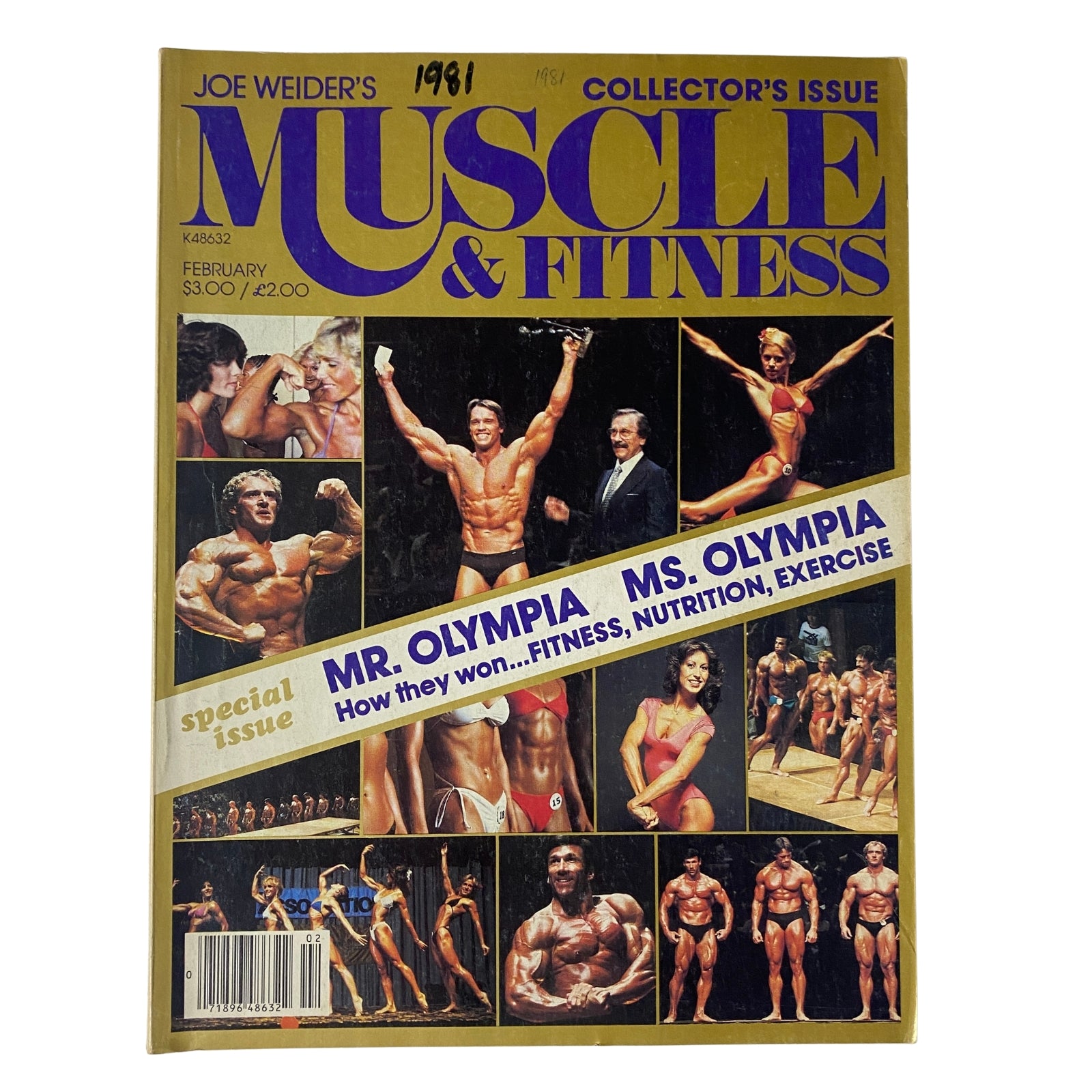 Cover of Muscle & Fitness Magazine February 1981 featuring Arnold Schwarzenegger commemorating his Mr. Olympia comeback. The magazine includes articles on fitness, bodybuilding, and nutrition.
