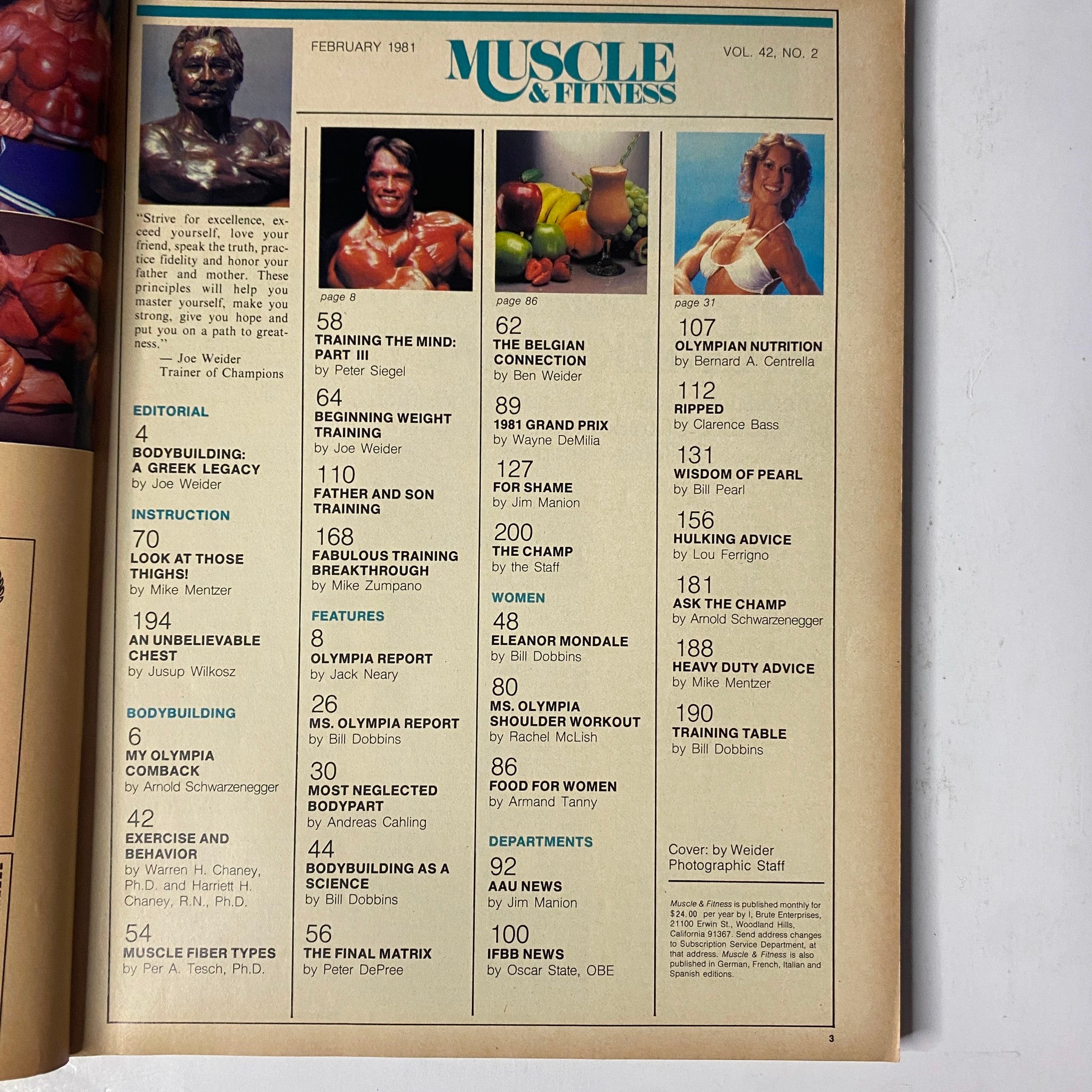 Contents page of Muscle & Fitness Magazine February 1981, listing articles and highlights including Arnold Schwarzenegger's Olympia comeback and various training tips.
