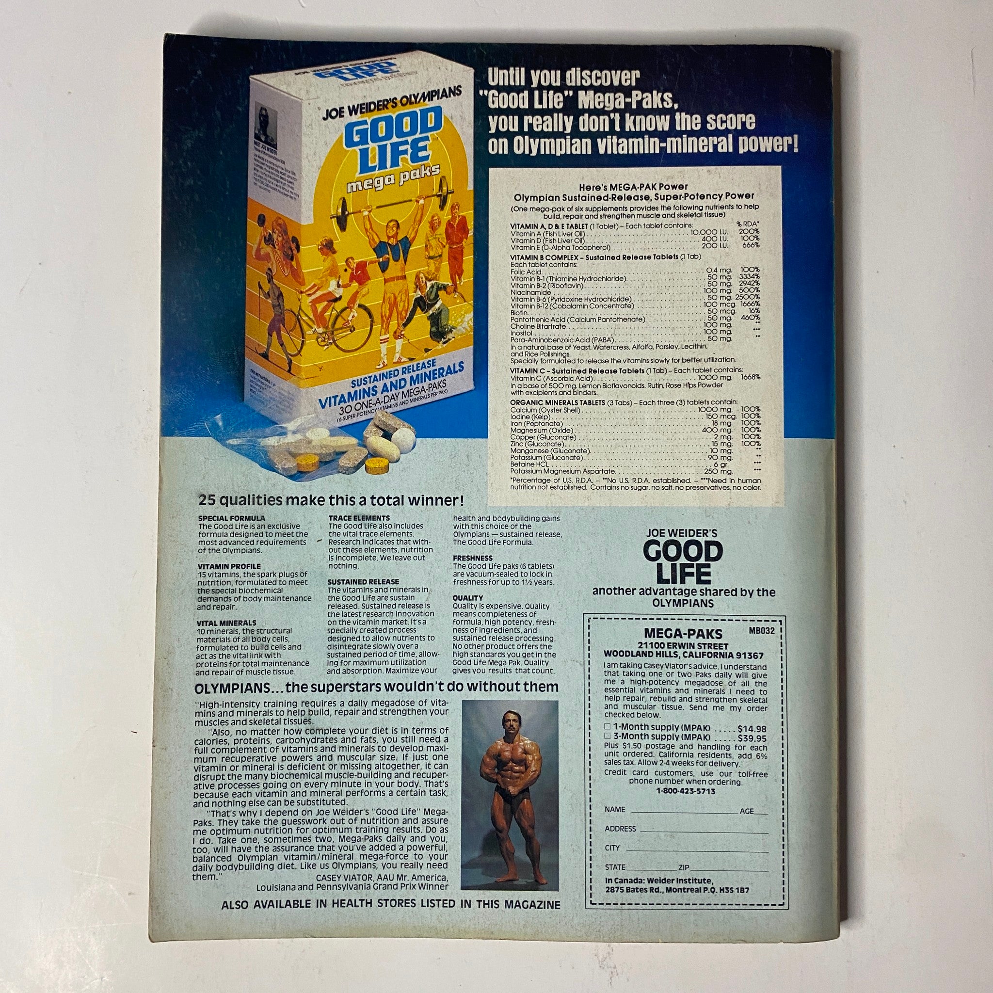 Back cover of Muscle & Fitness Magazine February 1981 displaying a promotional advertisement for Joe Weider's Good Life Mega-Paks, showcasing nutritional supplements for athletes.