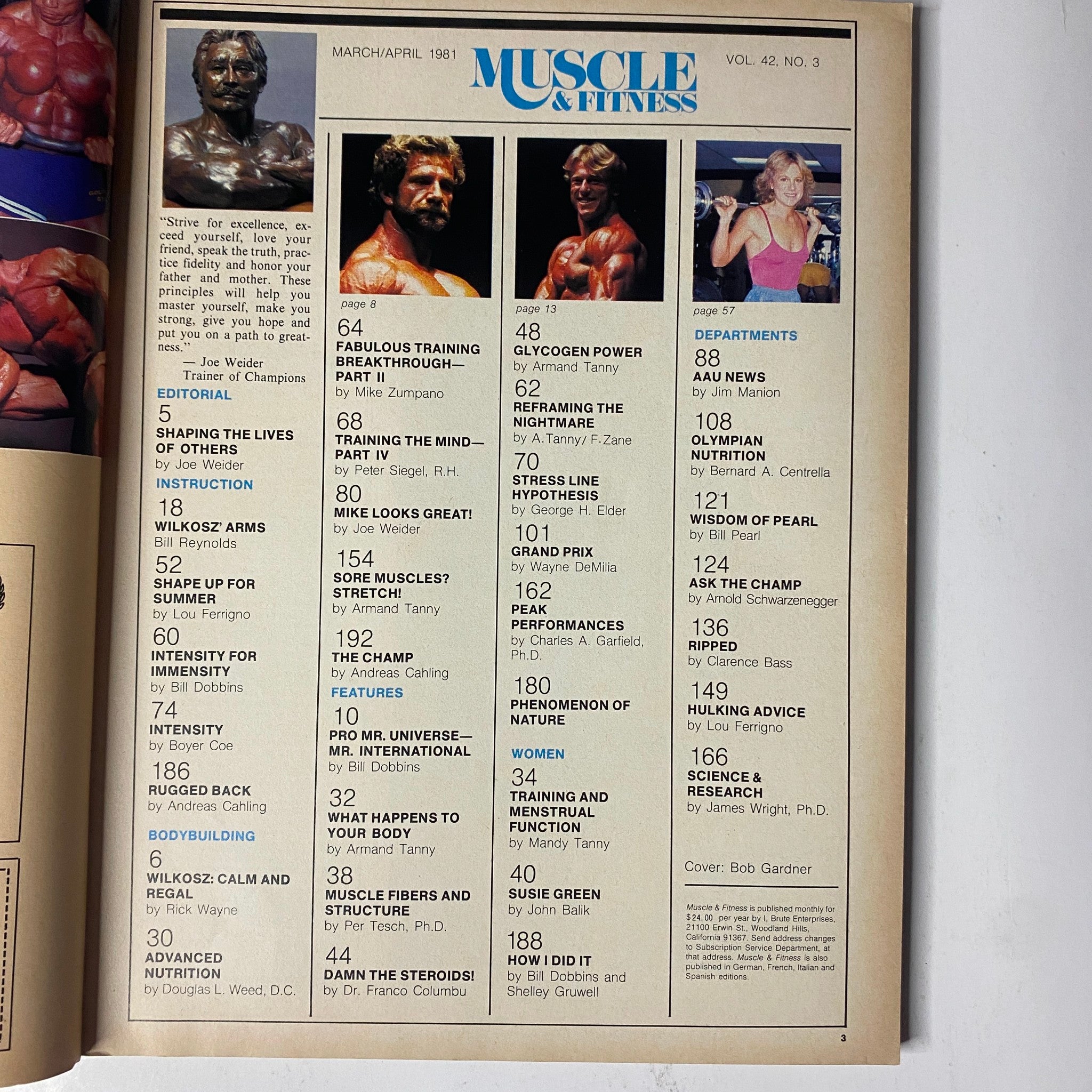 Table of contents from Muscle & Fitness Magazine, March-April 1981, featuring editorial details, instructional articles on bodybuilding, and contributions from famous personalities like Lou Ferrigno and Franco Columbu.