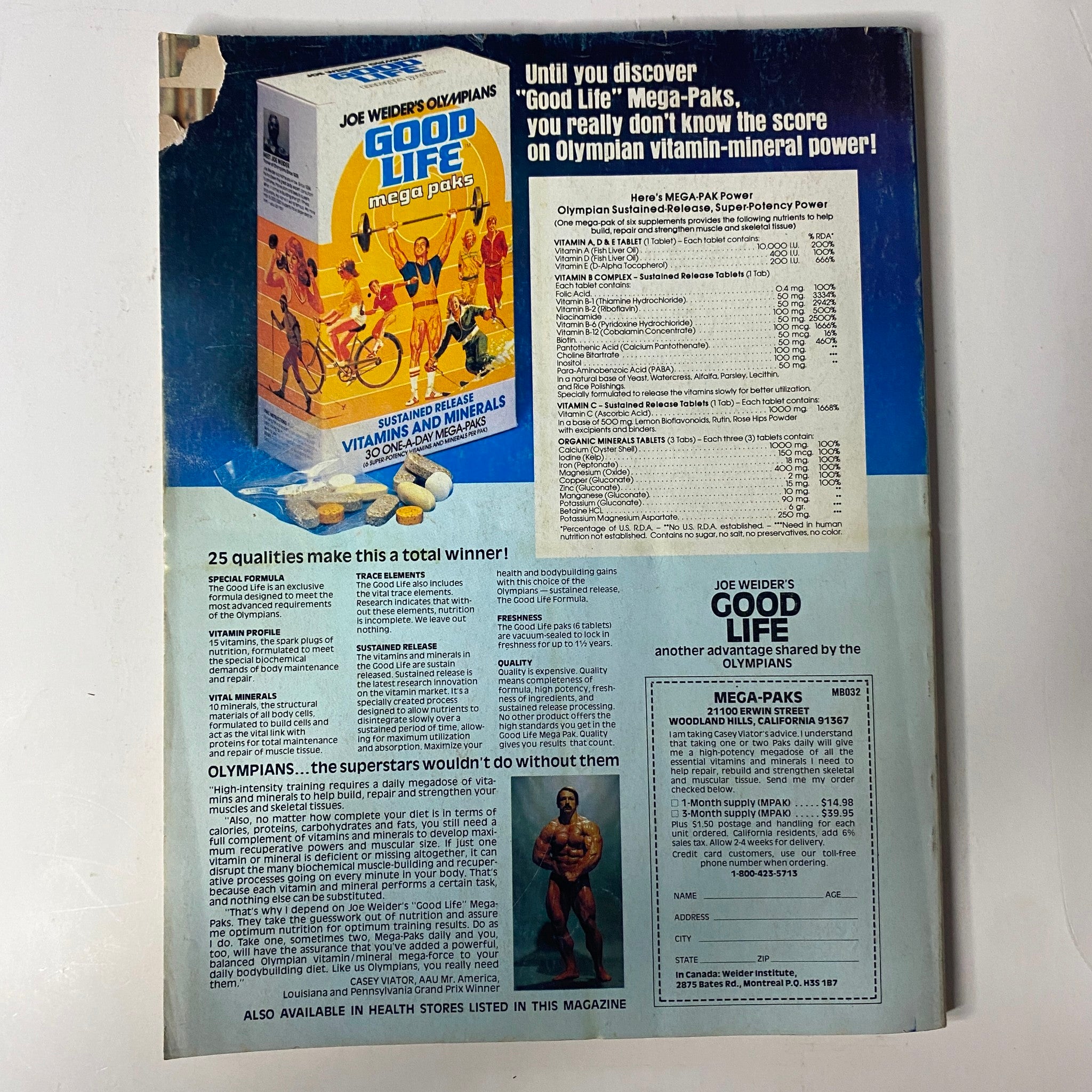 Advertisement for Joe Weider's 'Good Life' Mega-Paks in Muscle & Fitness Magazine, March-April 1981, showcasing vitamin-mineral products designed for bodybuilders.