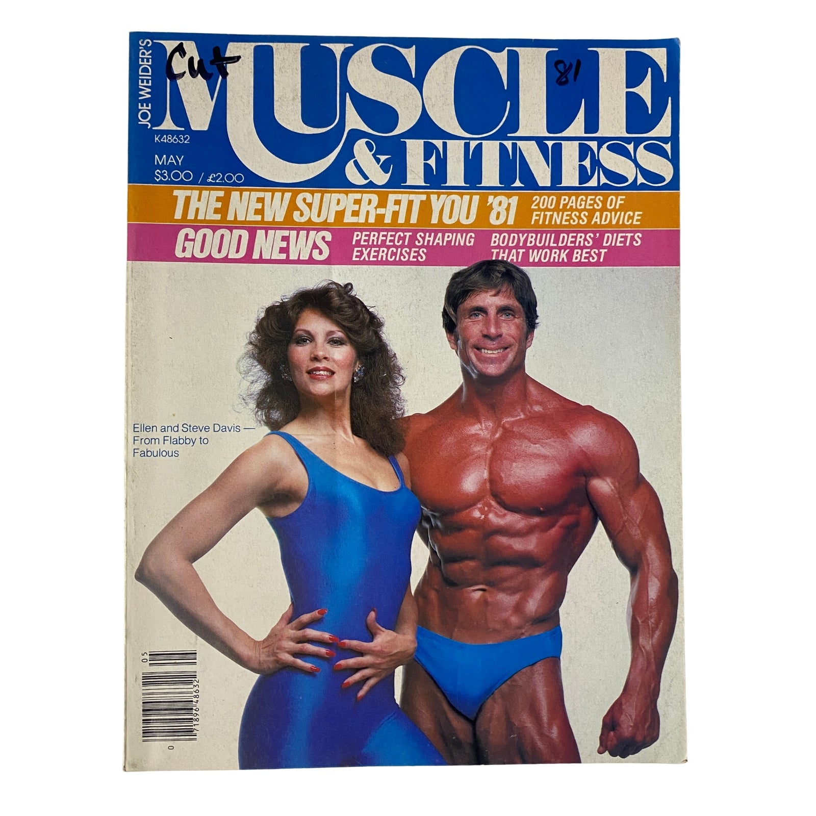 Cover of Muscle & Fitness Magazine May 1981 featuring Steve Davis and Ellen Davis in blue outfits, showcasing fitness and bodybuilding themes. Original issue without a mailing label.