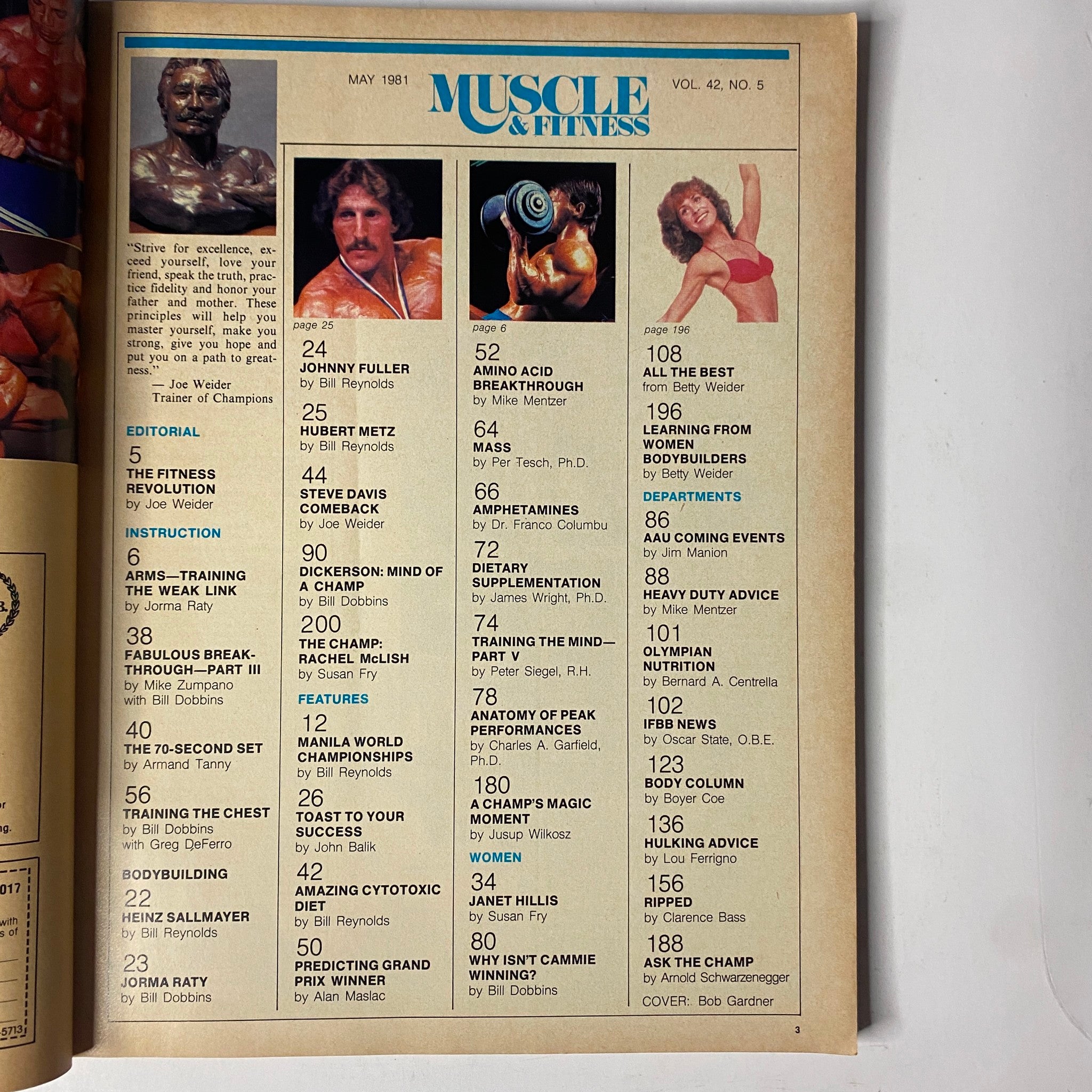 Contents page of Muscle & Fitness Magazine May 1981 listing articles and features including topics on bodybuilding, training advice, and nutrition, highlighting prominent figures in the fitness industry.