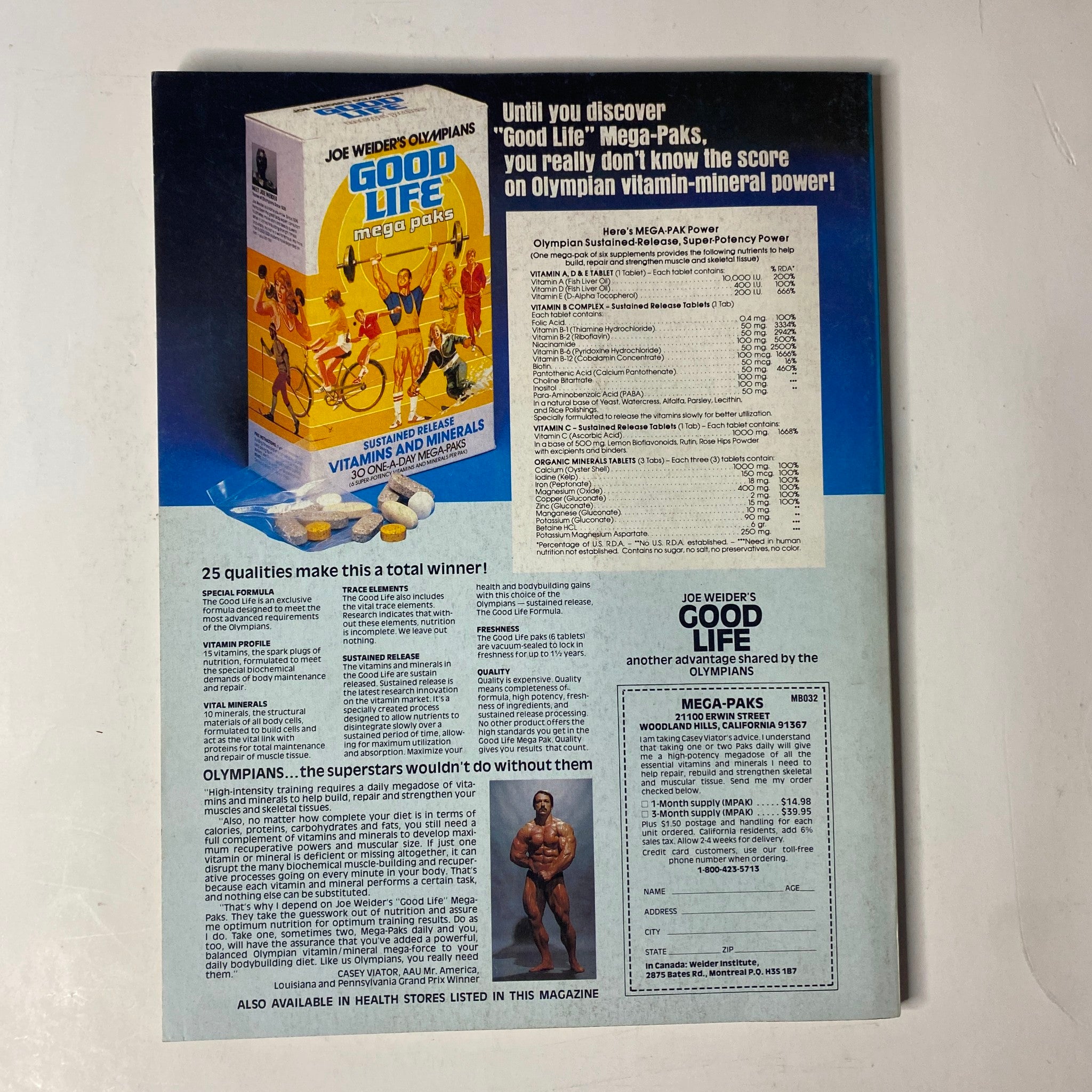 Advert for Joe Weider's Good Life Mega-Paks featuring a colorful graphic of athletes and showcasing vitamins and minerals. This image is from the Muscle & Fitness Magazine May 1981 issue featuring Steve Davis and Ellen Davis on the cover.