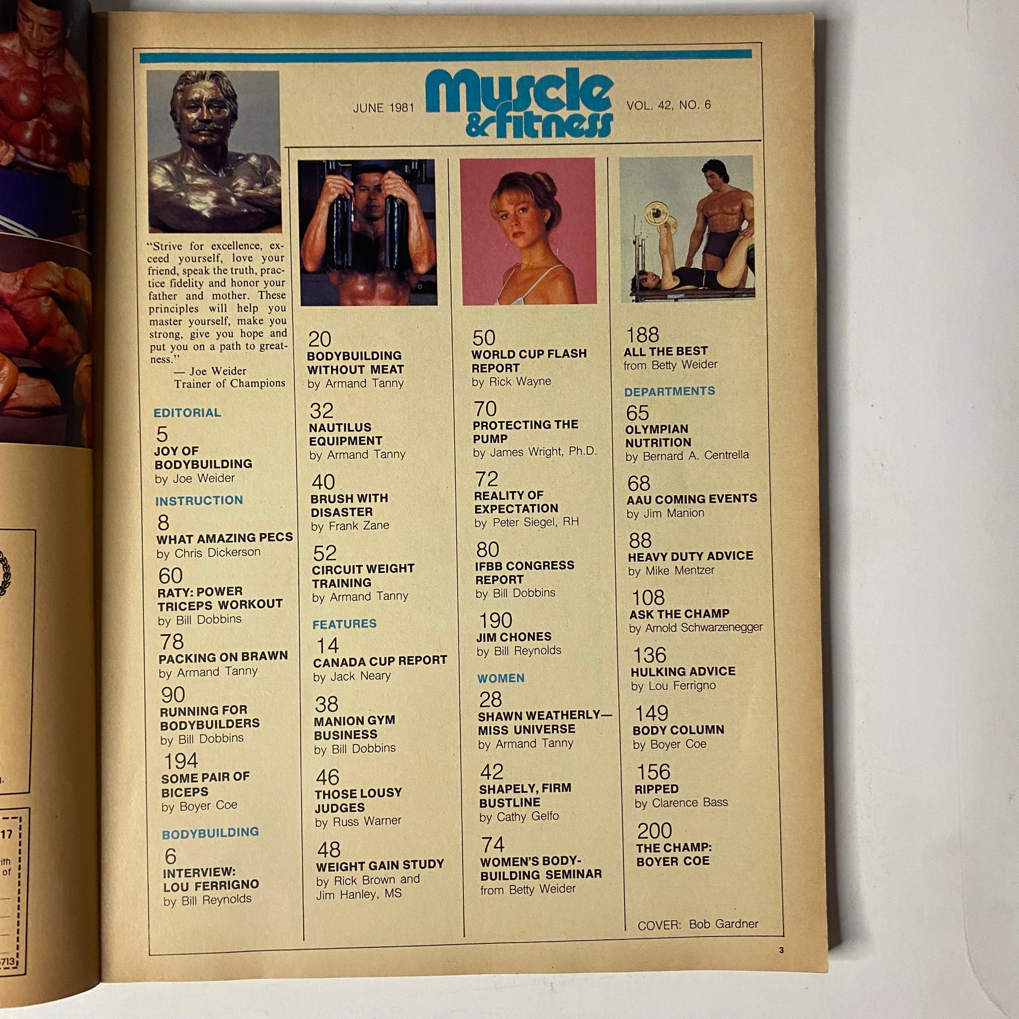 Interior page of Muscle & Fitness Magazine June 1981 displaying contents including bodybuilding training, nutrition articles, and expert features.