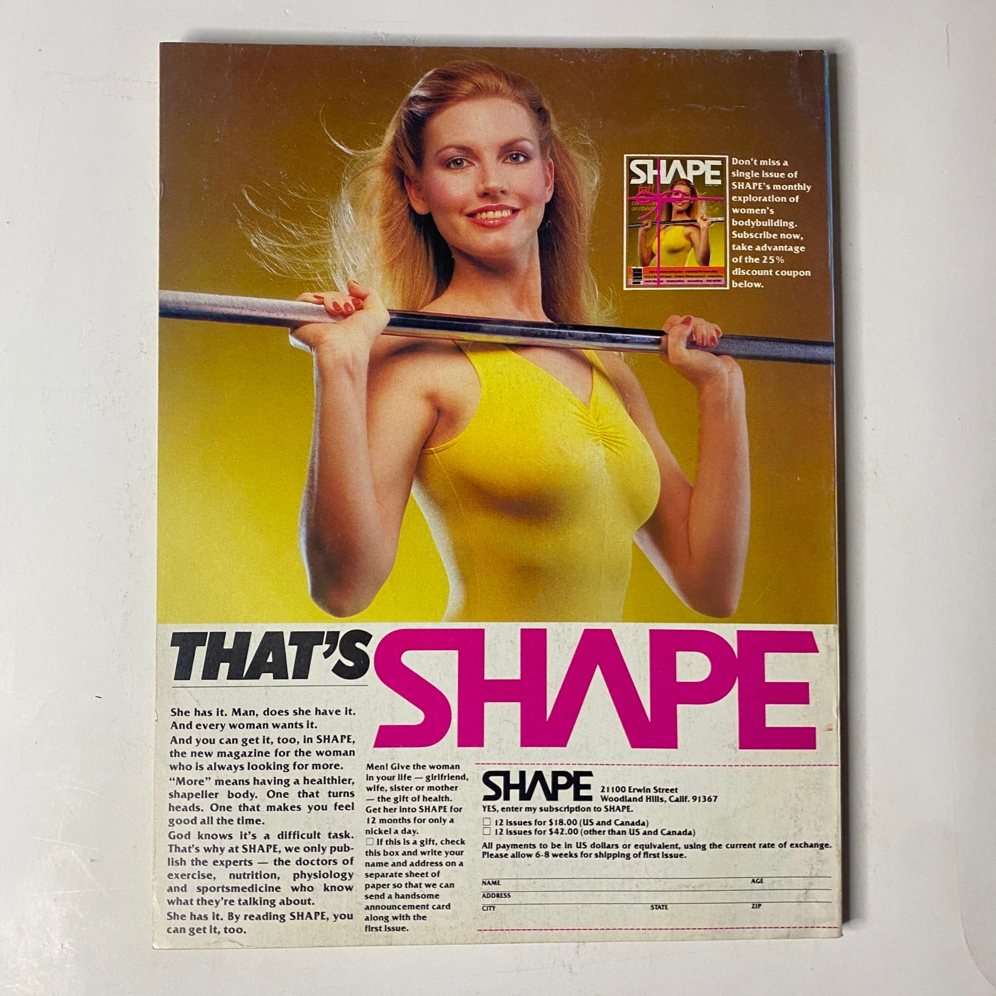 Back cover of Muscle & Fitness Magazine June 1981 showcasing a Shape magazine advertisement featuring a fit woman with a barbell, promoting fitness.