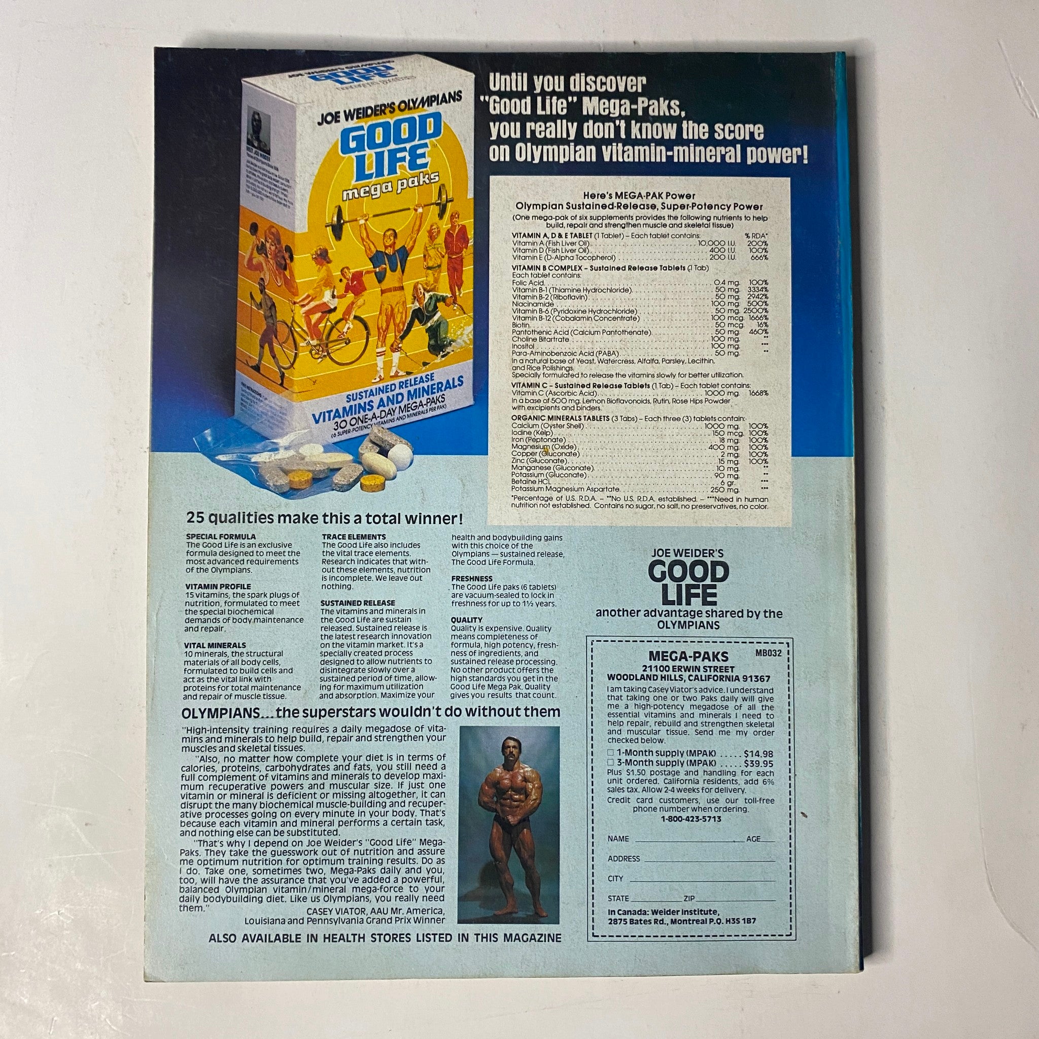 Back cover of Muscle & Fitness Magazine January 1981 promoting Joe Weider's 'Good Life' Mega-Paks, highlighting the benefits of vitamins and minerals for Olympians.