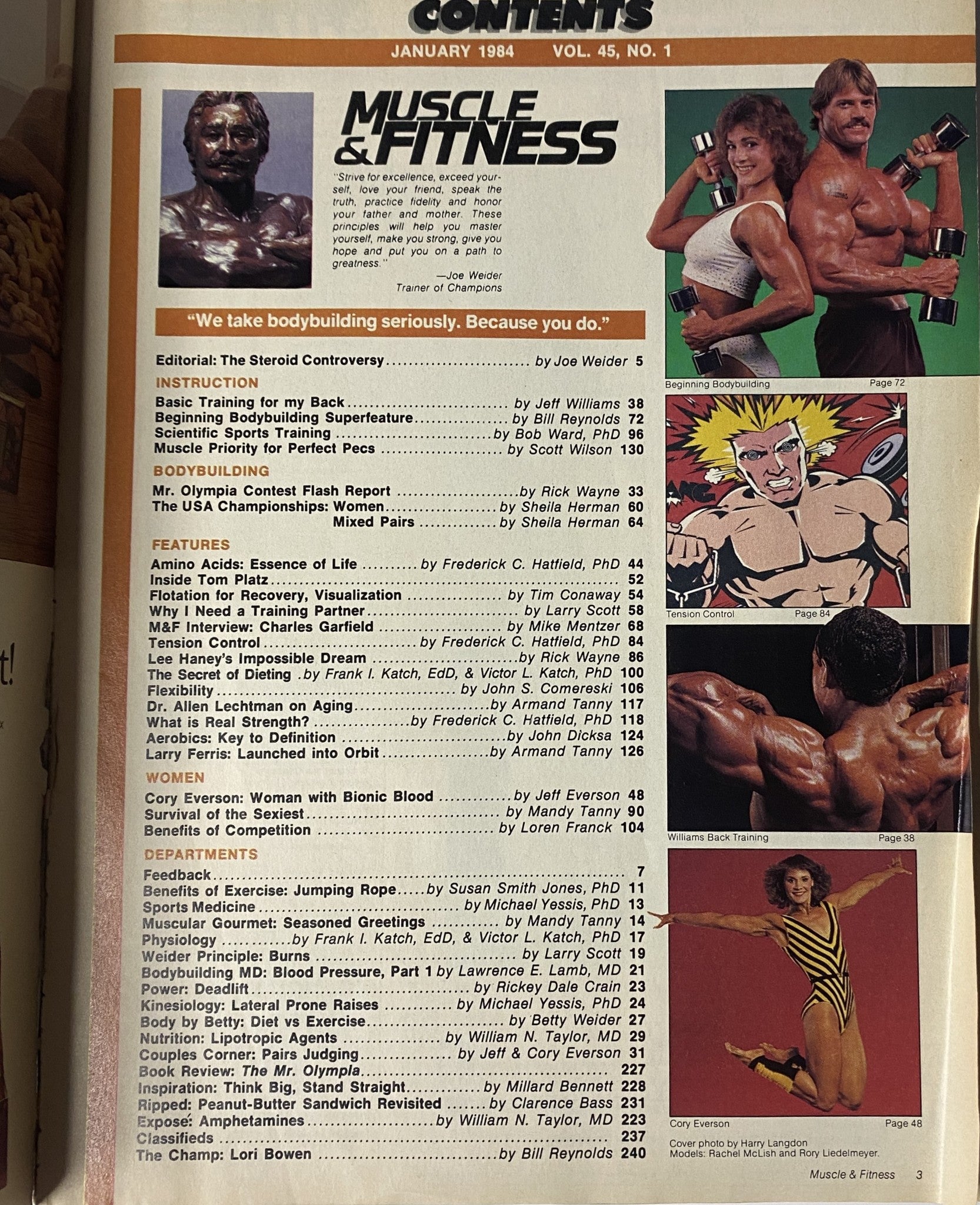 Table of contents page from Muscle & Fitness Magazine January 1984, detailing various articles on bodybuilding, fitness, and nutrition.