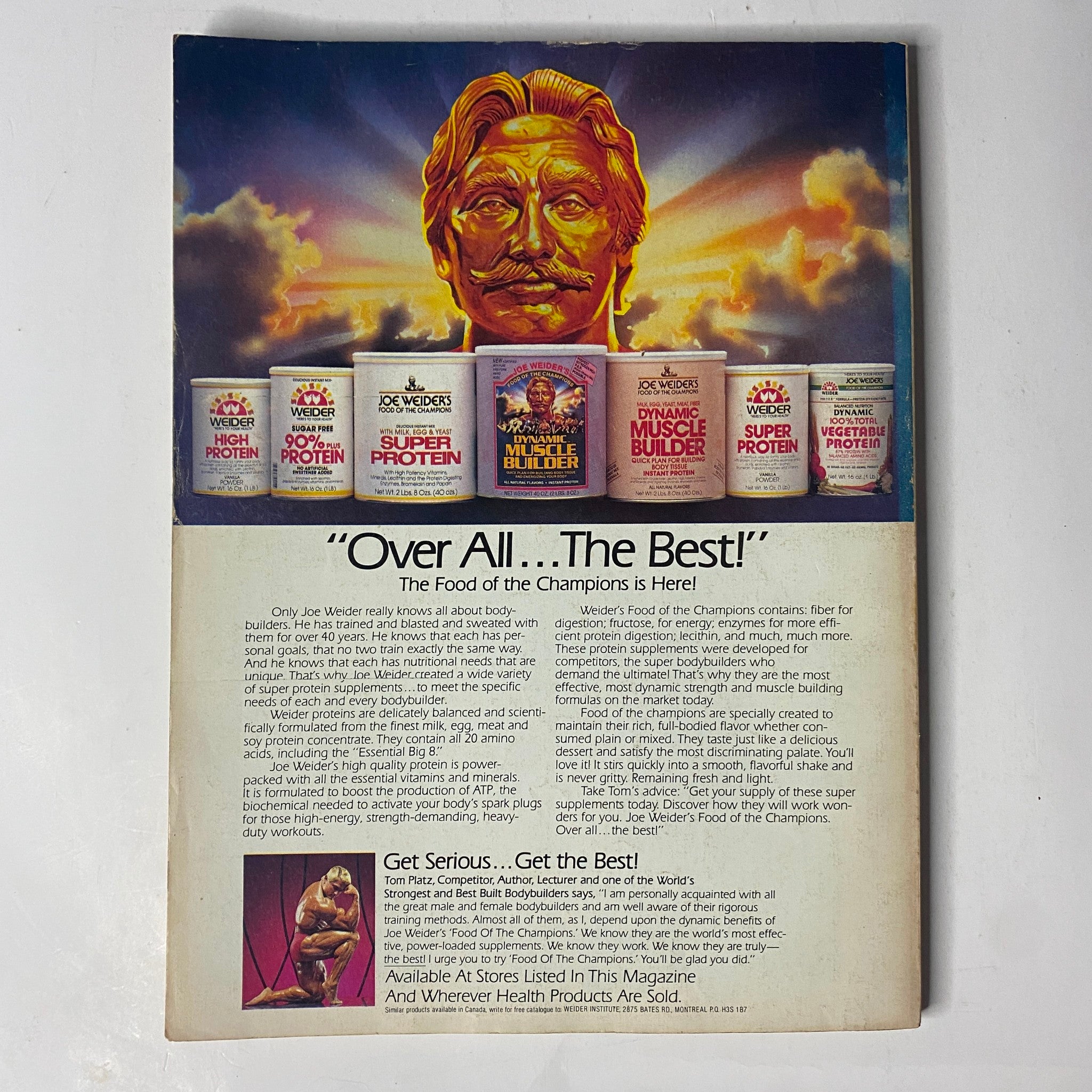 Back cover of Muscle & Fitness Magazine January 1984 featuring a golden statue of Joe Weider with the slogan 'The Food of the Champions is Here!' and showcasing various protein products.