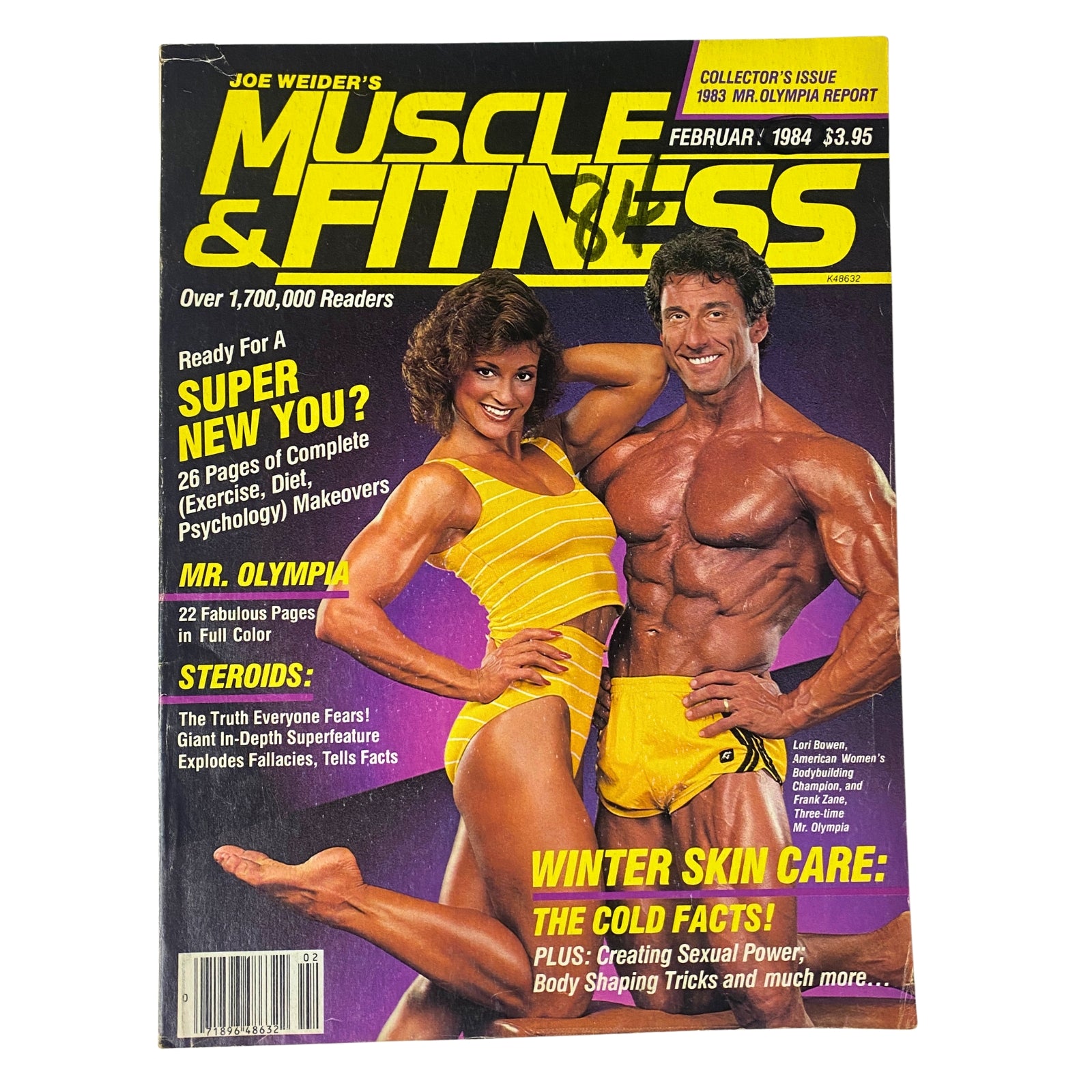 Cover of Muscle & Fitness Magazine February 1984 featuring Lori Bowen and Frank Zane, highlighting Mr. Olympia, steroids, winter skin care, and complete exercise guides.