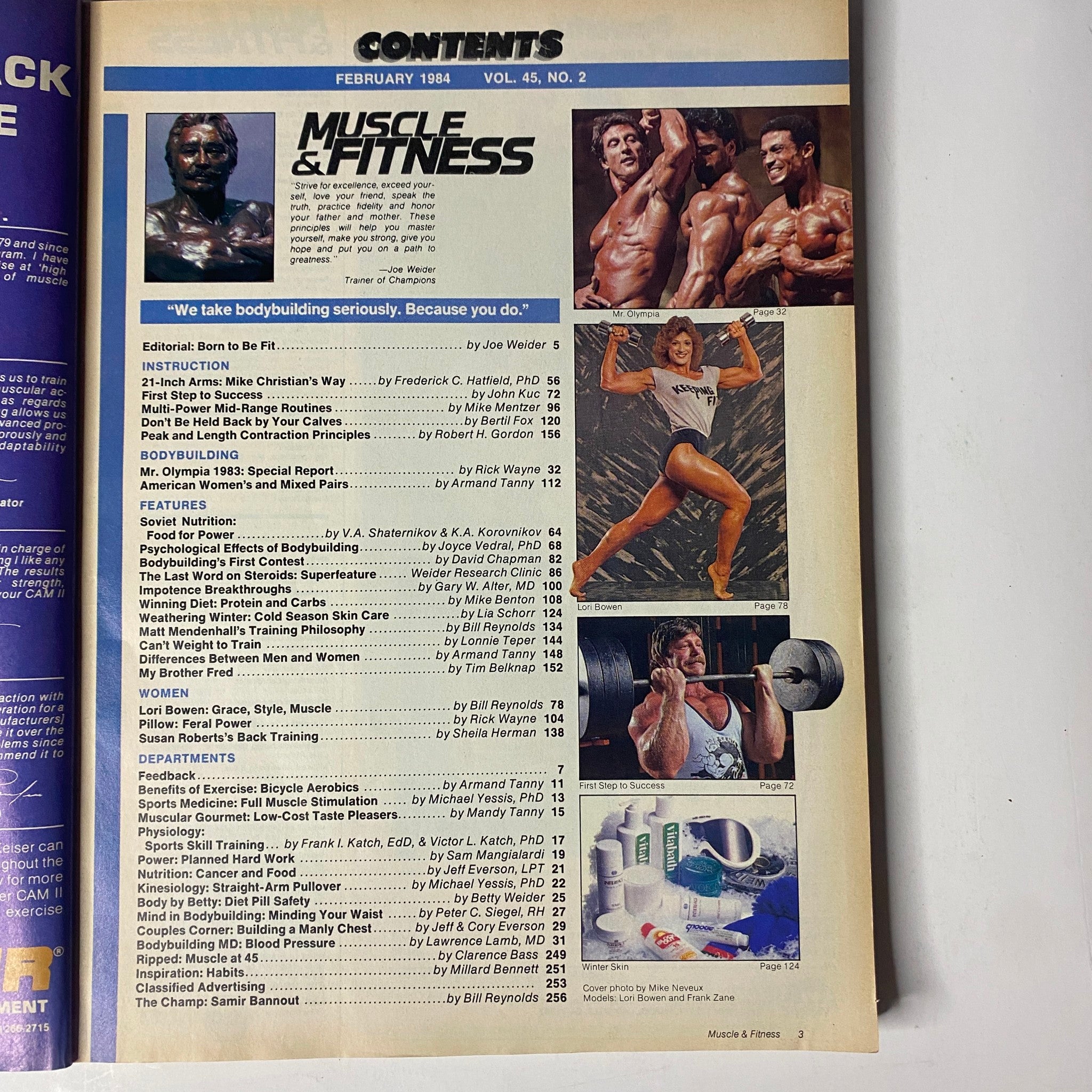 Contents page of Muscle & Fitness Magazine February 1984 detailing articles on bodybuilding, including training tips and nutritional advice.