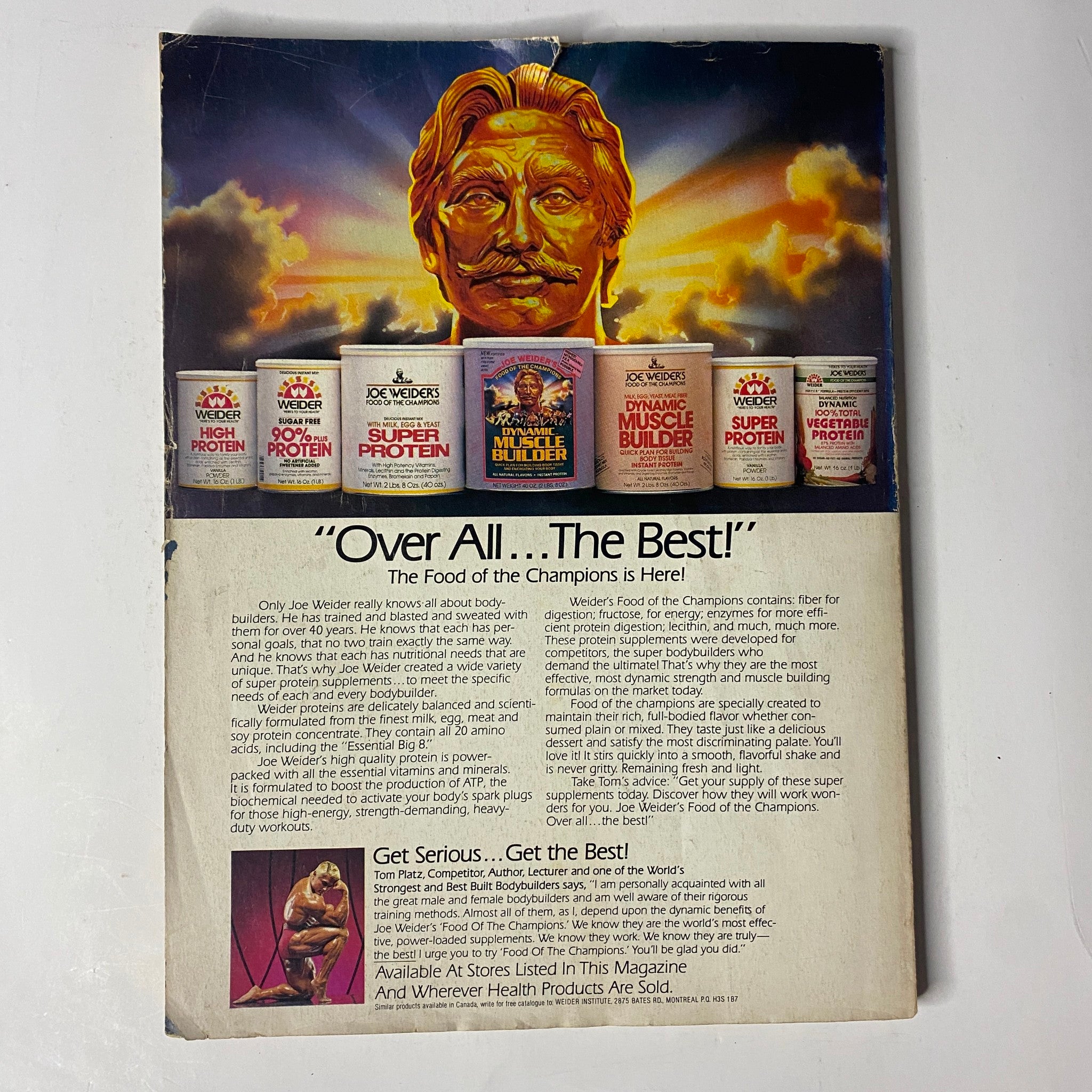 Back cover of Muscle & Fitness Magazine February 1984 showcasing Joe Weider's protein products with a statement about nutritional excellence.