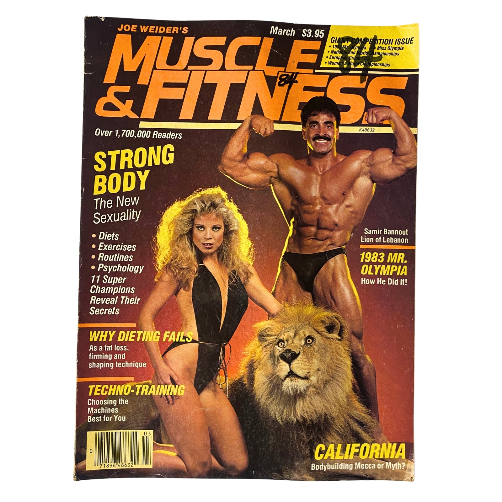 Cover of Muscle & Fitness Magazine March 1984 featuring Samir Bannout, the 1983 Mr. Olympia champion, and Linka, highlighting strong body themes and bodybuilding culture.