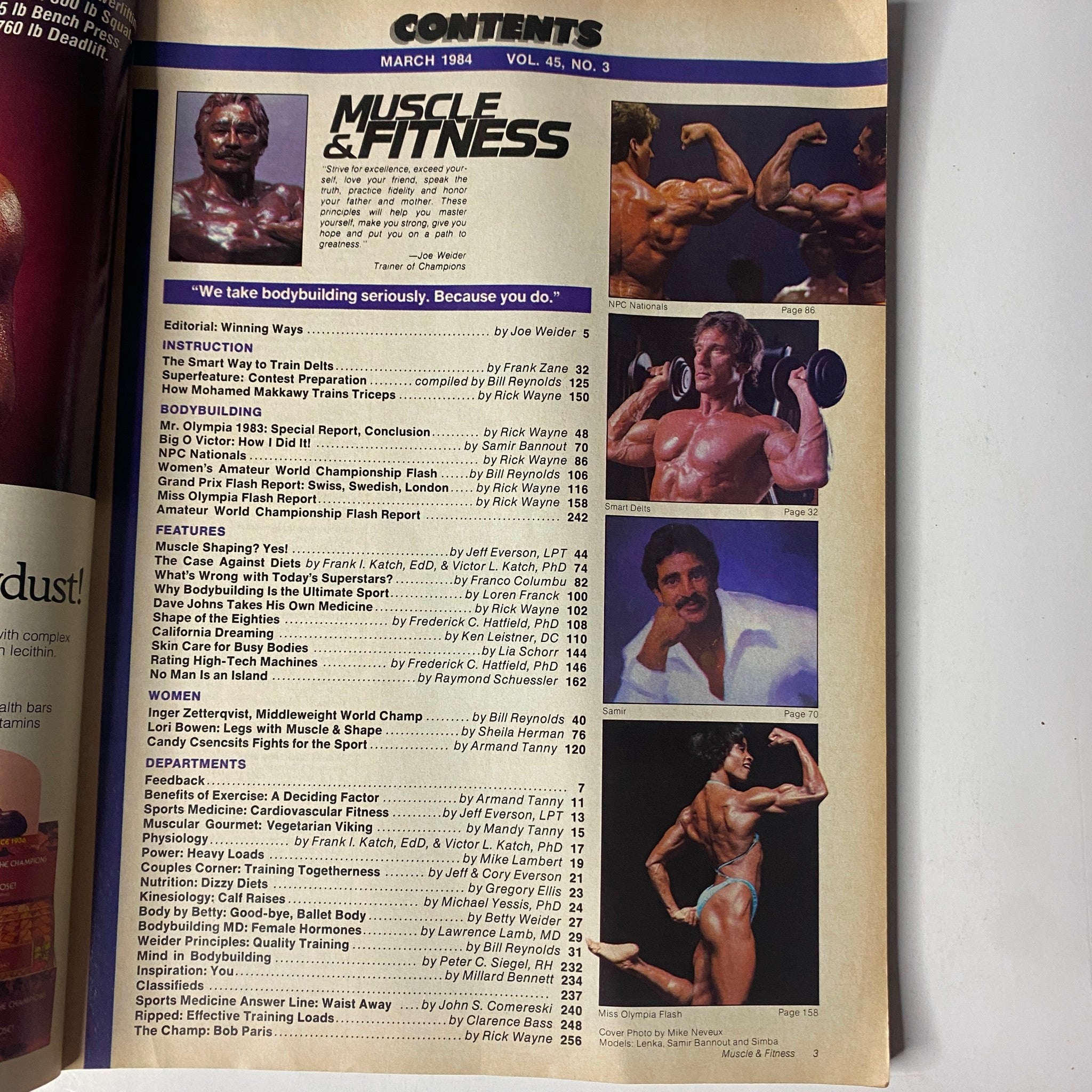 Table of contents from Muscle & Fitness Magazine March 1984, listing editorial highlights and feature articles on bodybuilding, training, and nutrition.