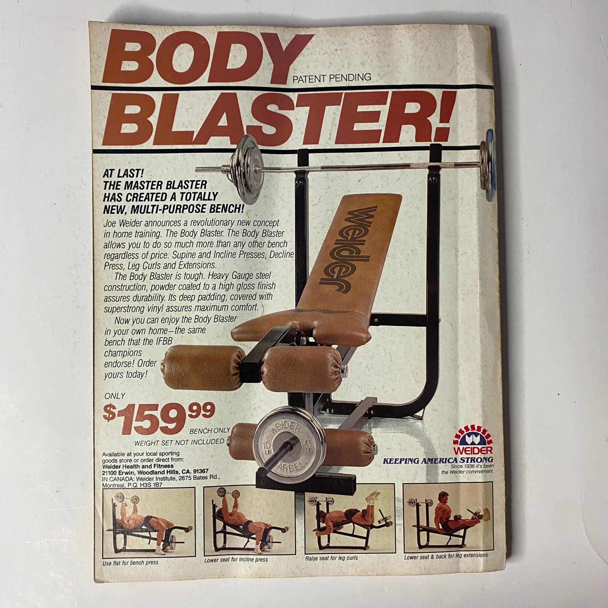 Advertisement for the Body Blaster equipment in Muscle & Fitness Magazine March 1984, promoting a versatile workout bench for bodybuilding and fitness enthusiasts.