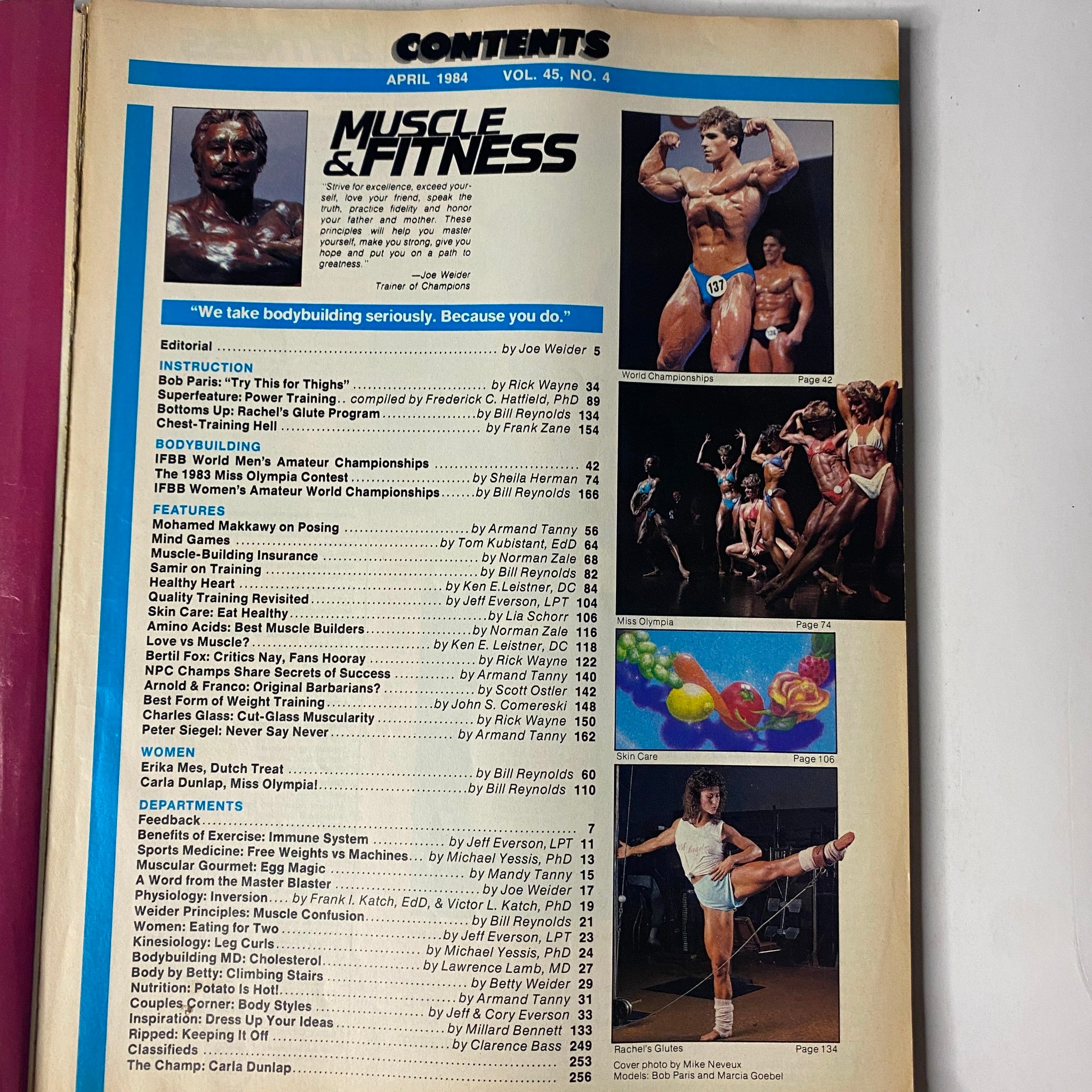 Inside contents page of Muscle & Fitness Magazine April 1984, listing articles and features including Bob Paris's training tips and contest highlights.
