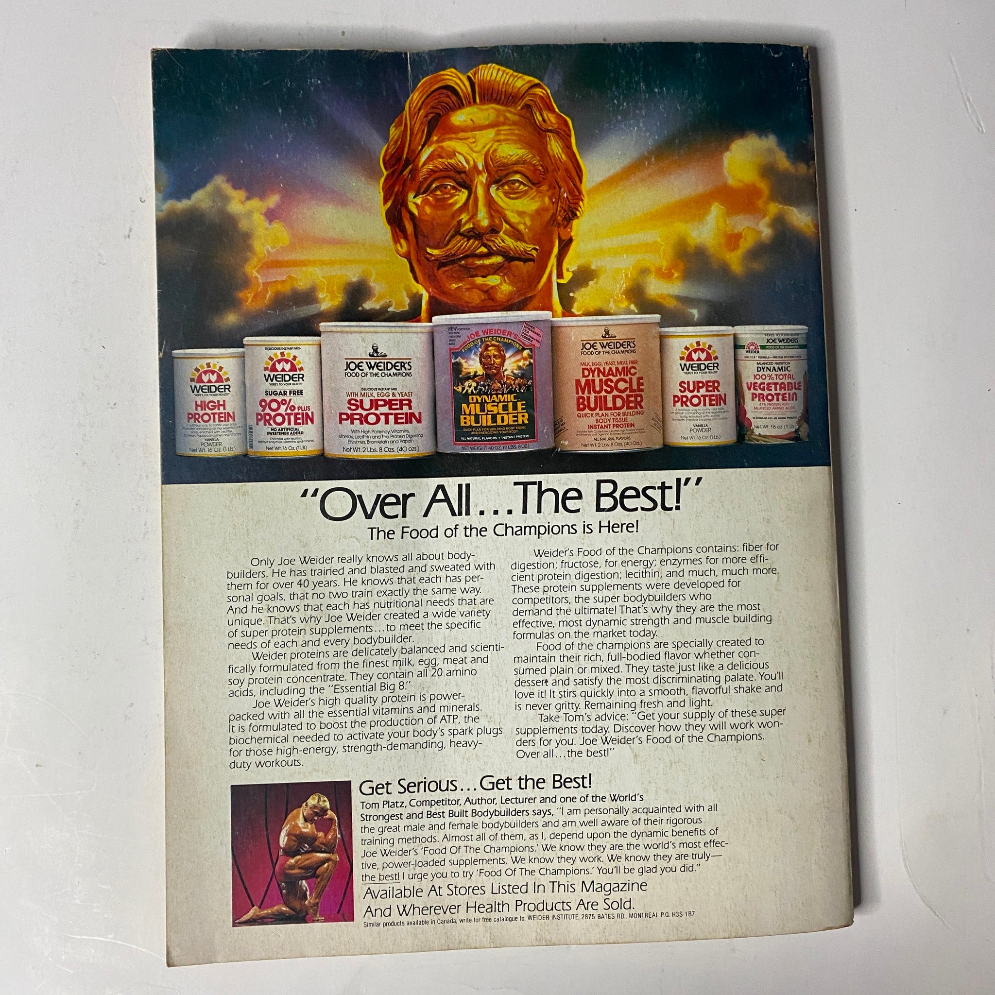Back cover of Muscle & Fitness Magazine April 1984 promoting Joe Weider’s protein products, emphasizing health and bodybuilding nutrition.
