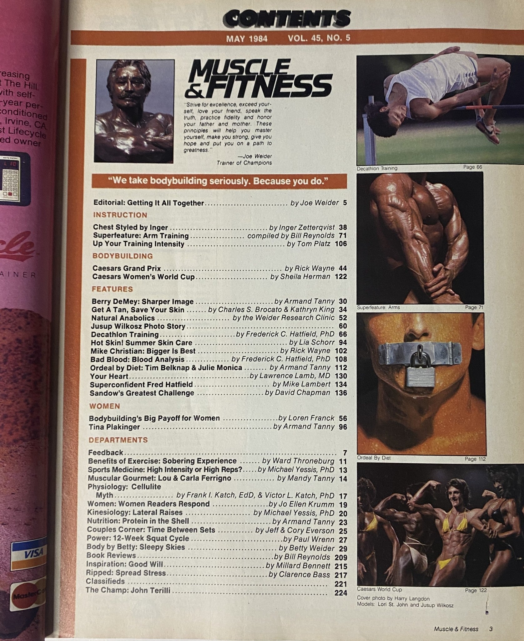 Muscle & Fitness Magazine May 1984 contents page featuring articles on bodybuilding, including Joe Weider's editorial and features on training and nutrition.